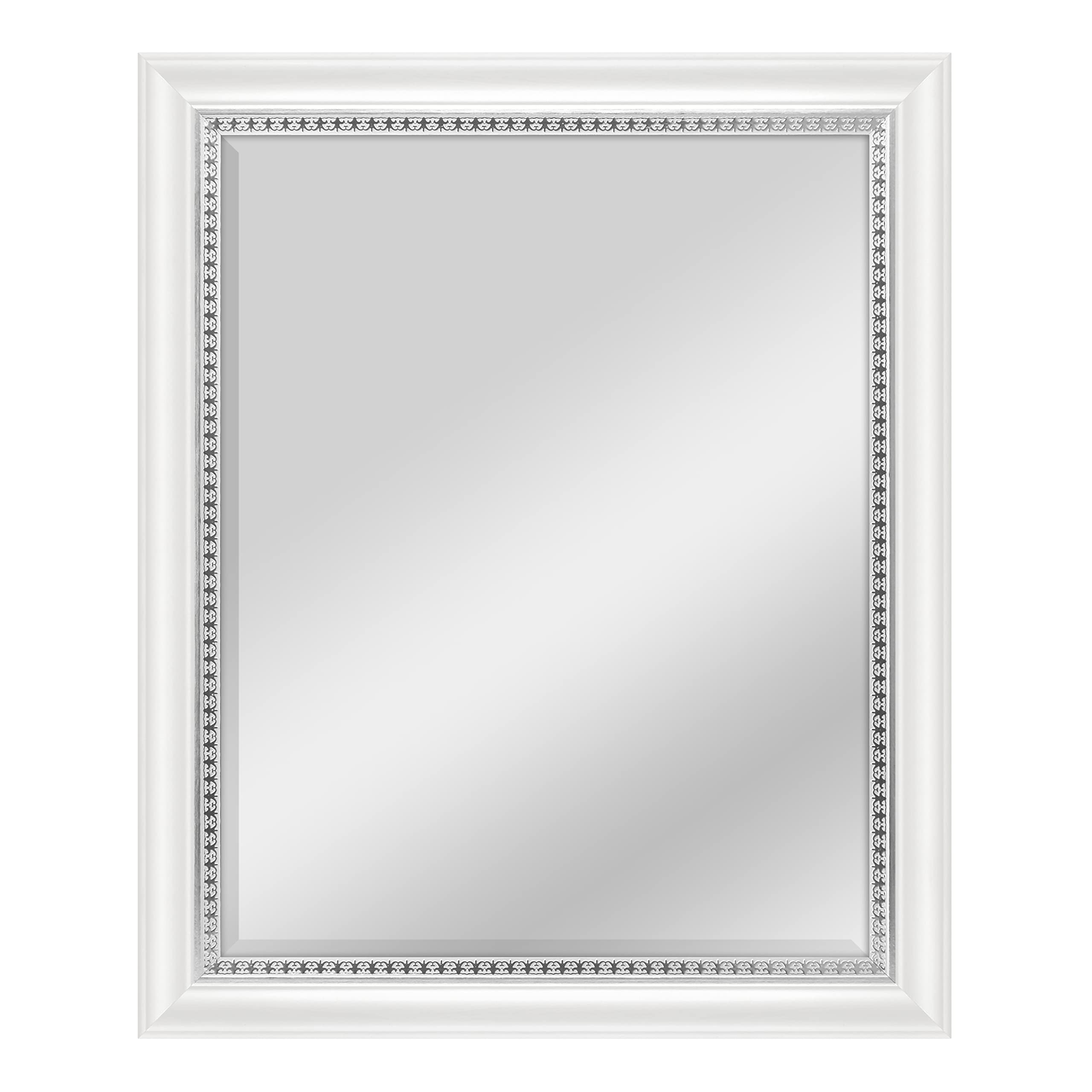 MCS 22x28 Inch Large Wall Mirror with White Woodgrain Frame - Silver Embossed & Beveled Edge Design - Vertical or Horizontal Hanging for Bathroom, Bedroom, Living Room Decor & Home Staging