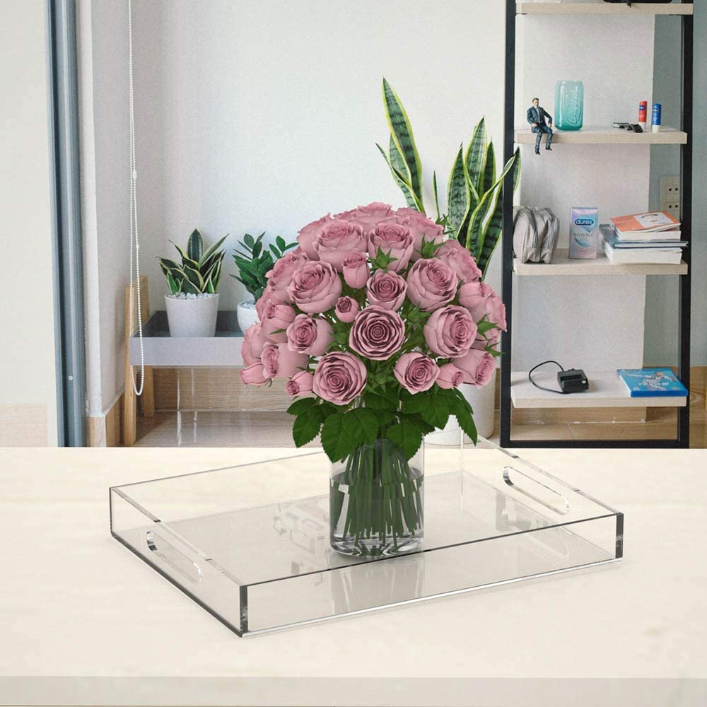 NIUBEE 11x14 Inches Clear Acrylic Serving Tray - Spill Proof Decorative Organizer with Handles for Coffee Table, Ottoman & Countertop - Perfect for Entertaining, Bathroom Storage & Office Organization