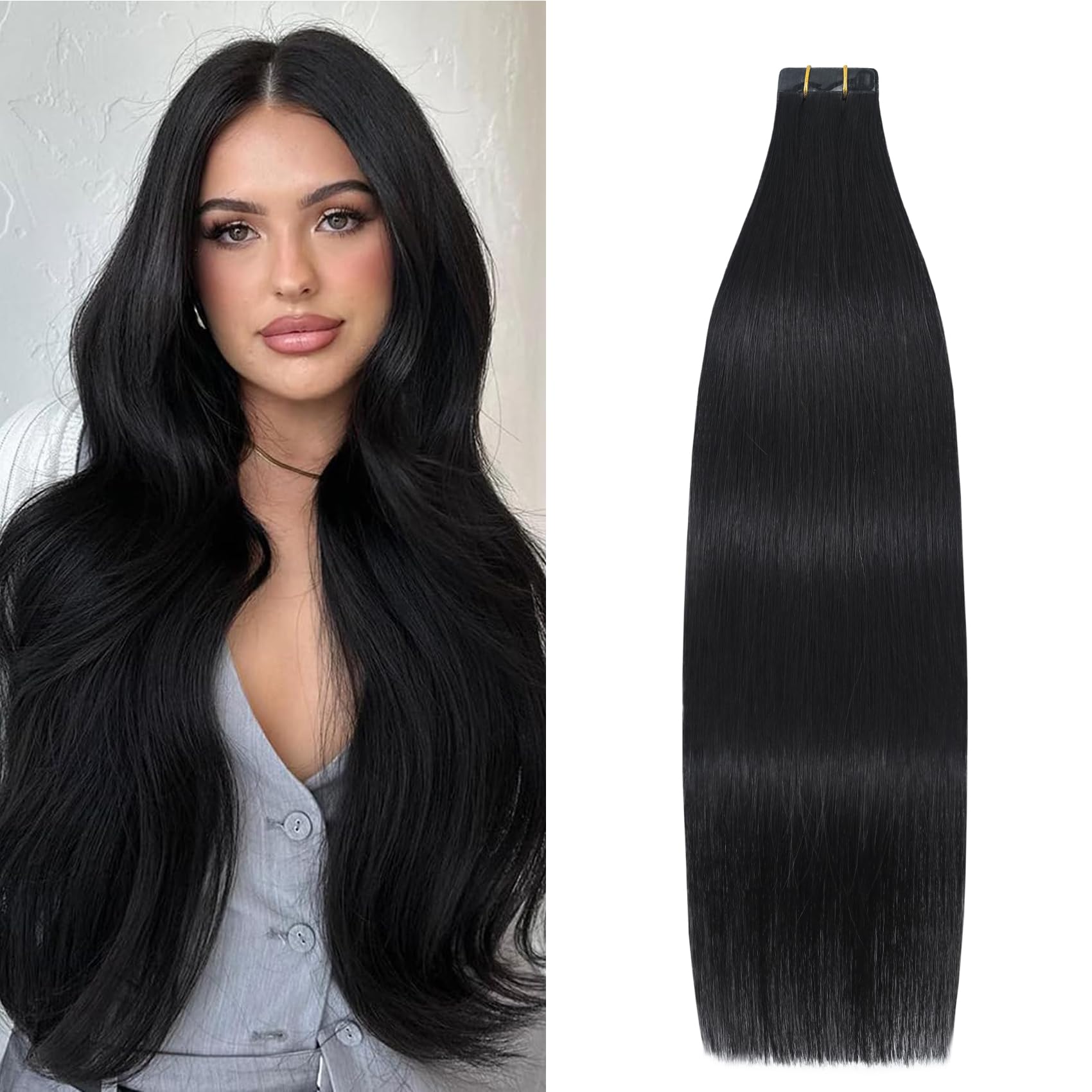 Aison 22-Inch Human Hair Tape in Extensions - 60g, 20-Piece Pack, Natural Black, Silky Straight - Perfect for Daily Wear, Parties & Special Occasions