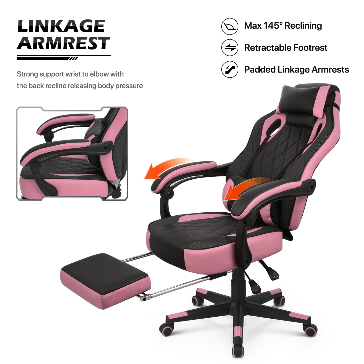 MoNiBloom Ergonomic Gaming Chair with Retractable Footrest & Lumbar Support - 360° Swivel Racing Style PU Leather Computer Chair with Headrest for Home, Office & Bedroom - Perfect for Gaming, Working & Relaxing (Pink)