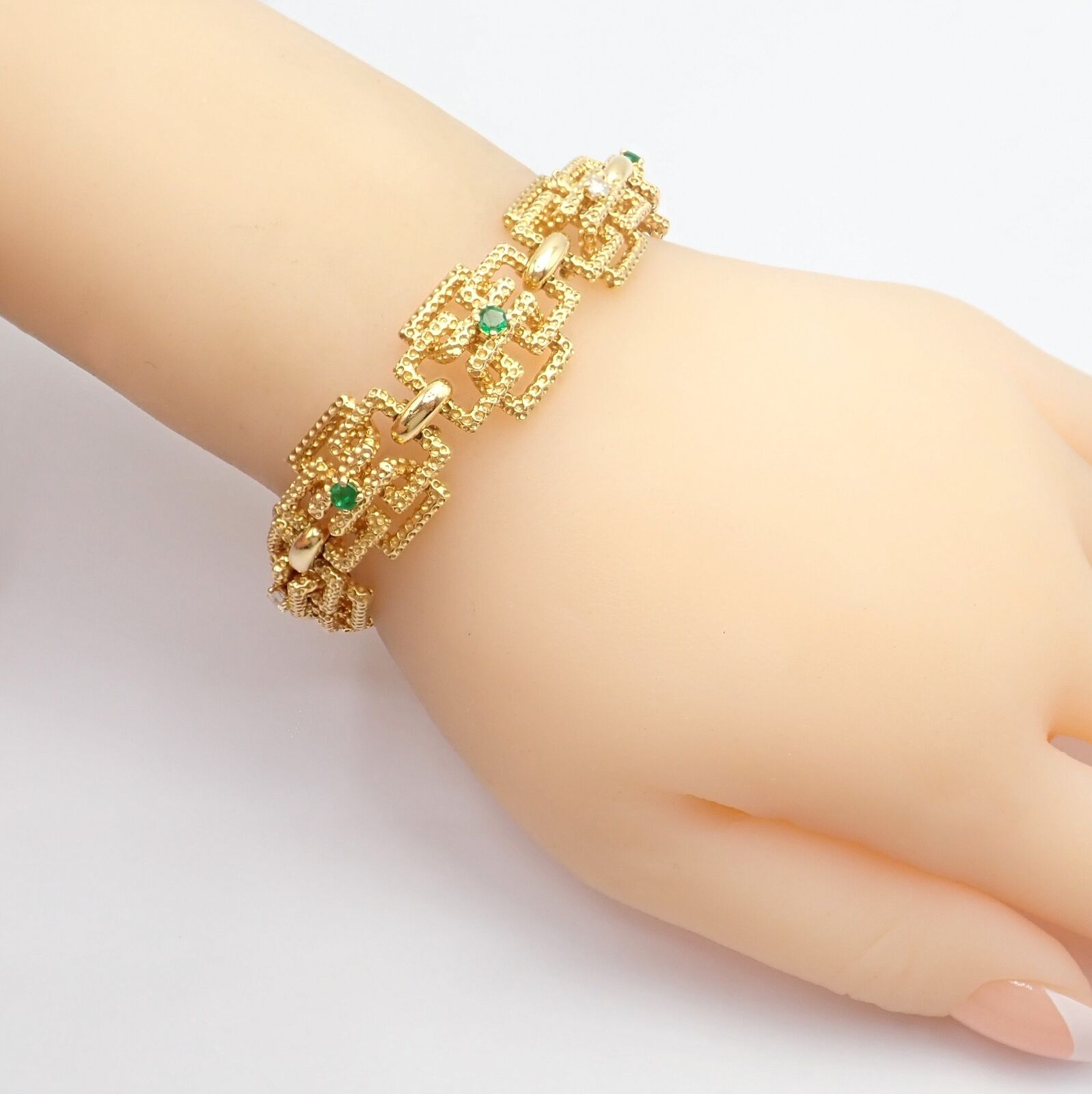 Vintage Tiffany & Co France 18k Yellow Gold Diamond Emerald Bracelet - Luxury Jewelry Gift for Women, Anniversary & Special Occasions