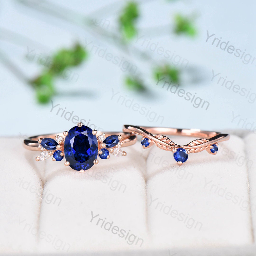 Oval Sapphire Wedding Ring Set in Rose Gold - Unique Vintage Stacking Engagement Ring with Natural Sapphire - Perfect Proposal Gift for Women - Ideal for Weddings, Anniversaries & Romantic Occasions