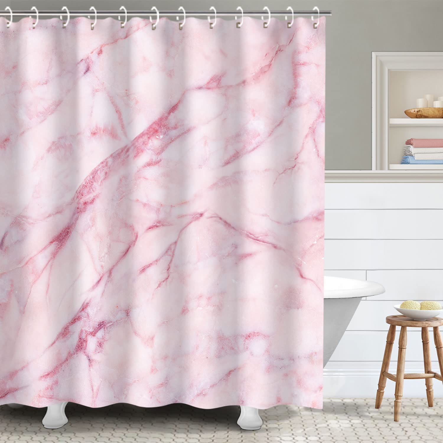 RosieLily Pink Marble Shower Curtain Set with 12 Hooks - 72x78 Inches Waterproof Bathroom Decor for Girls, Women & Teens - Elegant Light Pink Shower Curtains for Modern, Vintage or Luxury Bathrooms