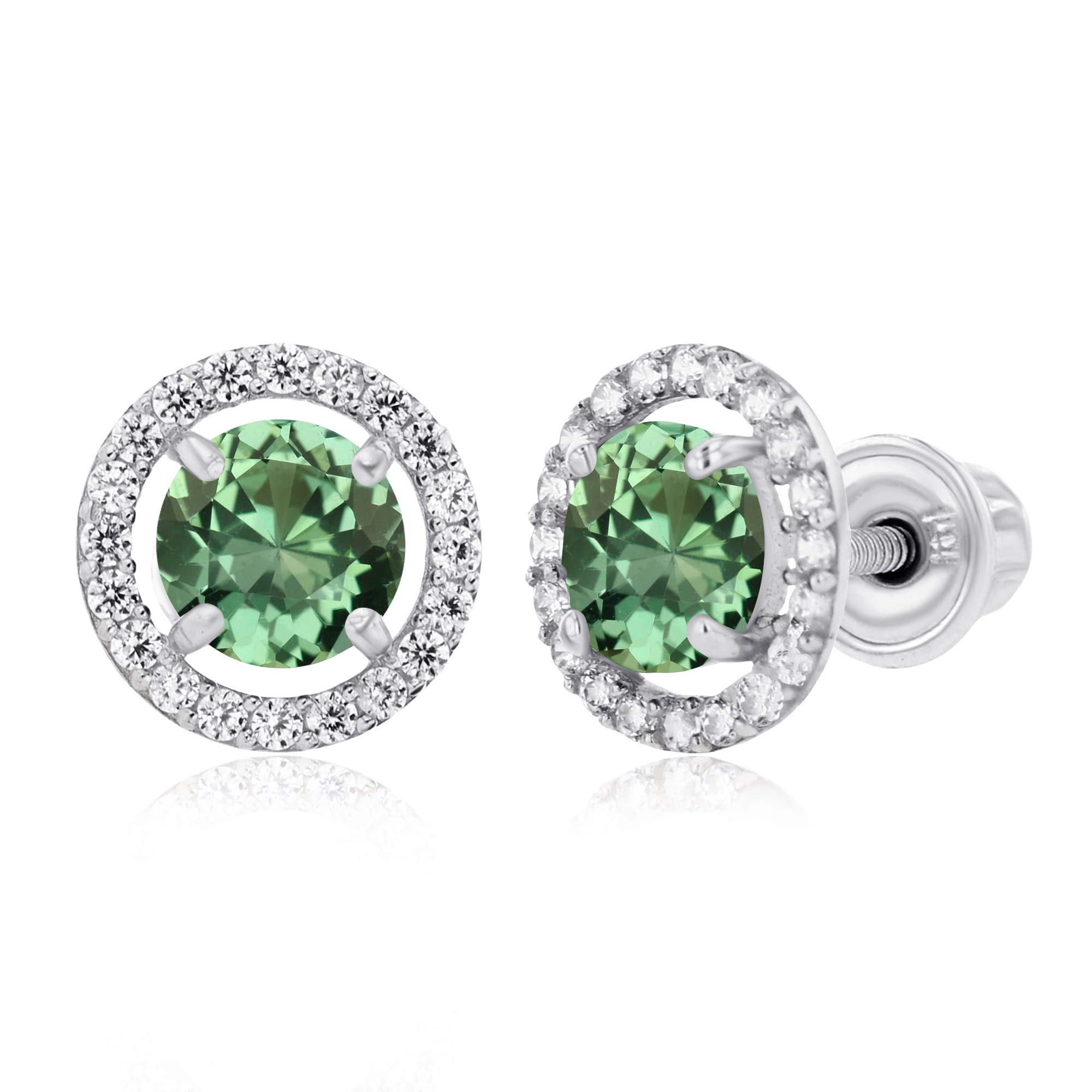 14K Gold 8mm Halo Birthstone Stud Earrings for Women - 5mm Round Gemstone with 1mm White Sapphire Halo Screwback Earrings | Perfect for Everyday Wear, Gift Giving & Special Occasions