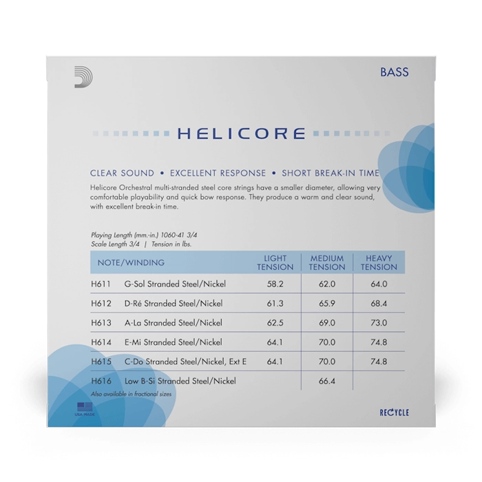 D'Addario H610 3/4M Helicore Orchestral Double Bass Strings Set - Professional Quality Cello Strings for Orchestral & Solo Performances, Studio Recording & Live Concerts