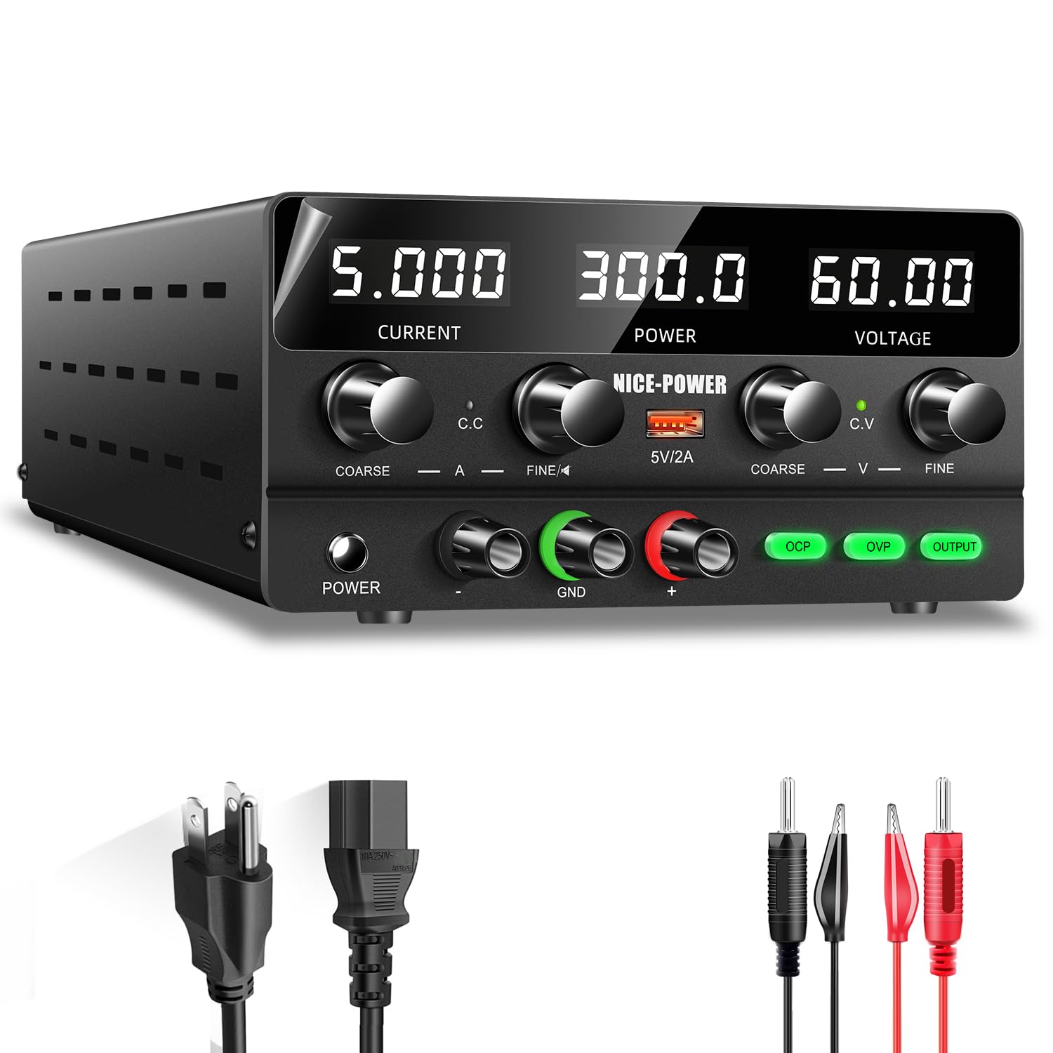Adjustable DC Power Supply 60V 5A 300W with LED Display & USB Port - High Precision Variable Switching Regulated Bench Lab Power Supply for Electronics Testing, DIY Projects, and Circuit Prototyping