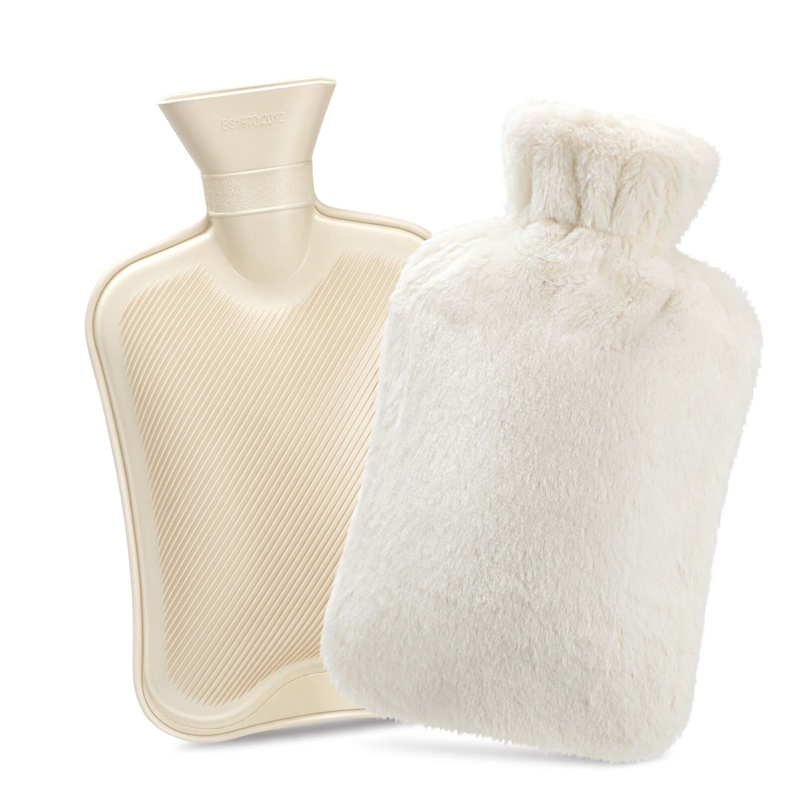 2L Natural Rubber Hot Water Bottle with Soft Plush Cover - Leak-Proof Winter Warmer for Pain Relief, Cramps & Cold Nights - Perfect for Bed, Sofa & Outdoor Use - White