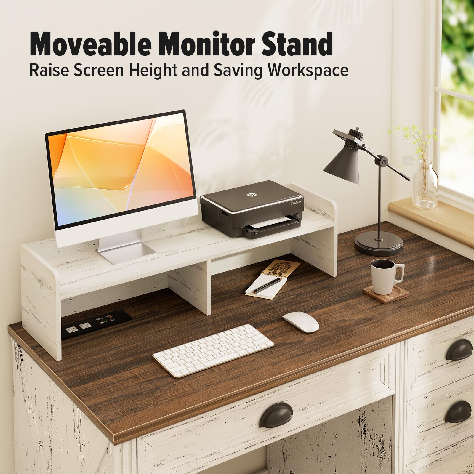 Farmhouse Style 47-inch Computer Desk with Monitor Stand, LED Lights & Power Outlets - Wooden Home Office Workstation with Storage Cabinet for Gaming, Studying & Working (Antique White) | Perfect for Small Spaces, Home Offices & Dorm Rooms
