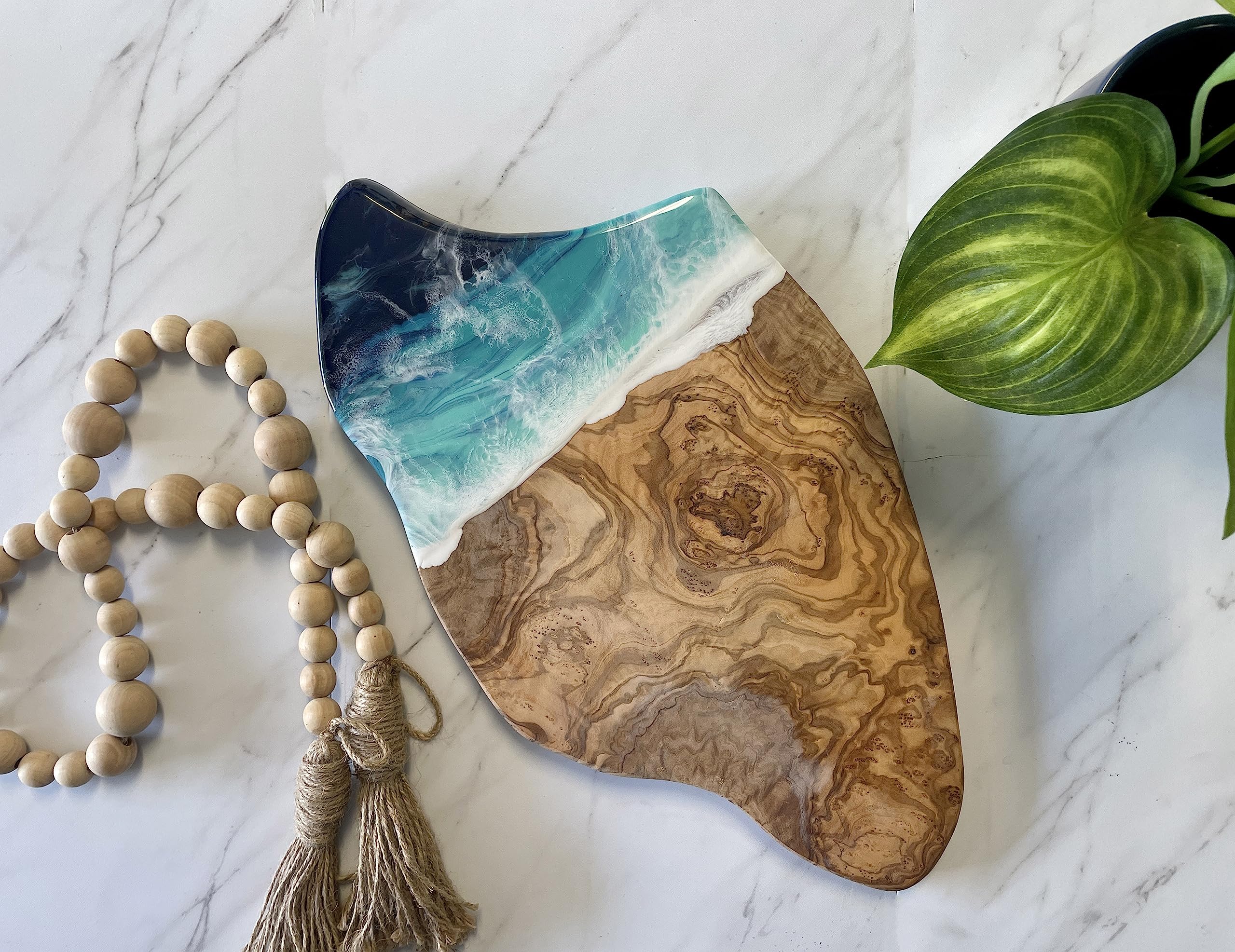 WLB Designs Coastal Serving Board - Olive Wood Charcuterie Tray with Ocean Wave Resin Design | Beach-Themed Cutting Board for Cheese & Charcuterie | Perfect Housewarming Gift & Coastal Kitchen Decor for Entertaining