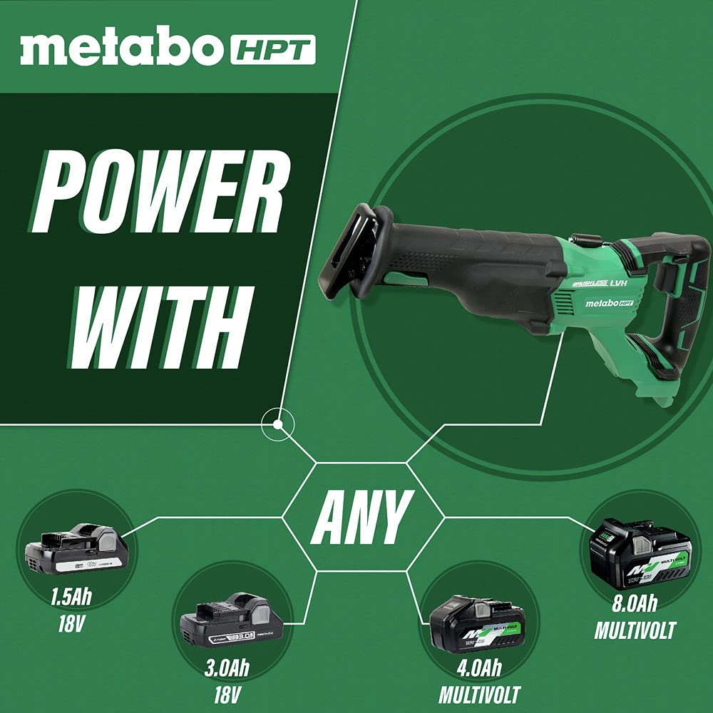 Metabo HPT CR18DBLQ4 Brushless Cordless Reciprocating Saw - Tool Only (No Battery) - 3-Mode Selector with Auto Mode - Tool-Less Blade Change - Large Rafter Hook - Lifetime Warranty - Ideal for Woodworking, Demolition & Construction Projects
