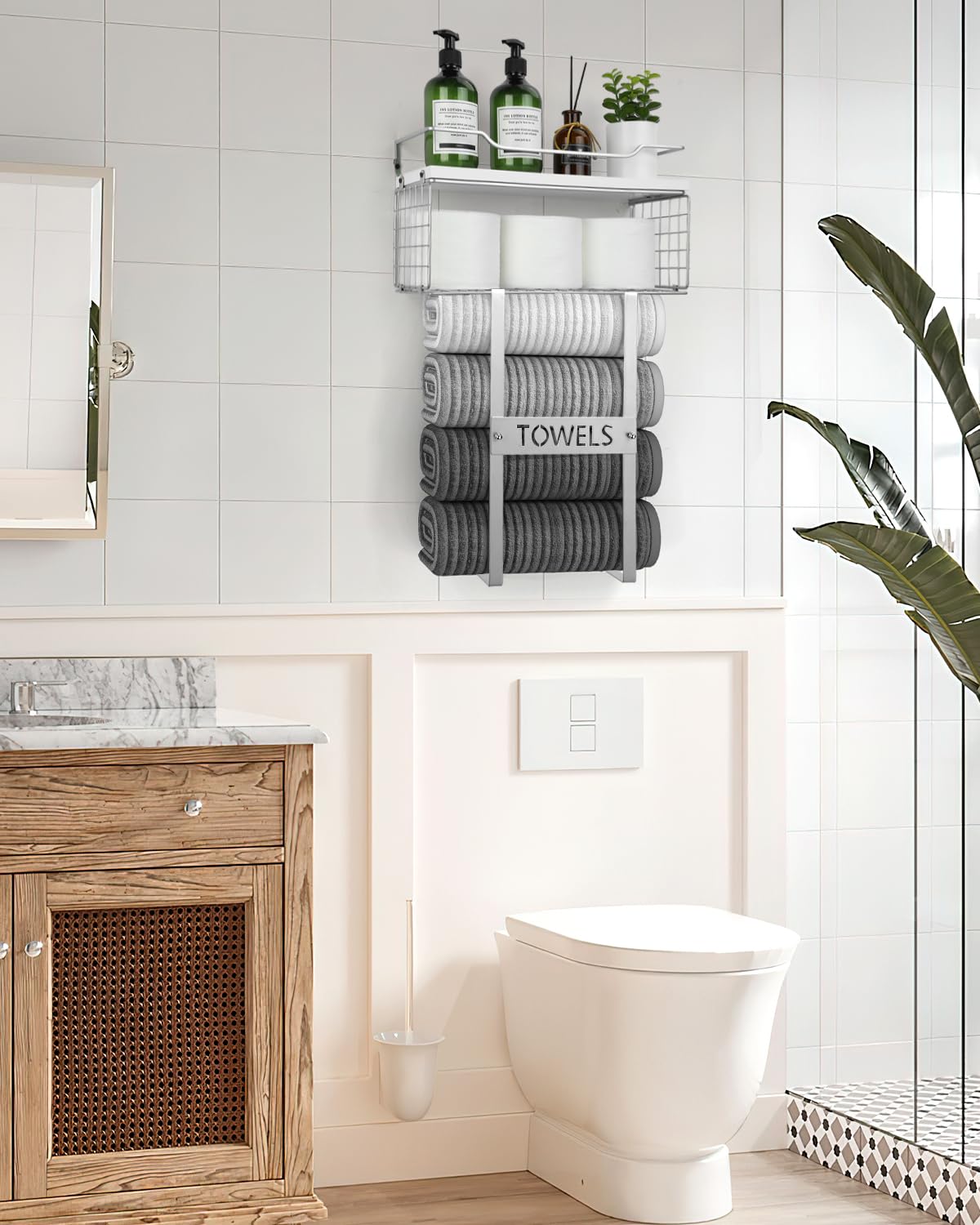 Wall Mounted Bathroom Towel Rack Set - Wooden Vertical Towel Holder with Rolled Towel Shelf for Small Bathroom Storage, Space-Saving Toilet Organizer (Silver) - Perfect for Modern Bathroom Decor and Space Optimization
