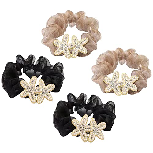 4 Pcs Rhinestone Pearl Starfish Hair Scrunchies - Elegant Mesh Hair Bands & Ponytail Holders for Women and Girls (Black & Coffee) | Perfect for Weddings, Parties, Beach Vacations & Everyday Styling