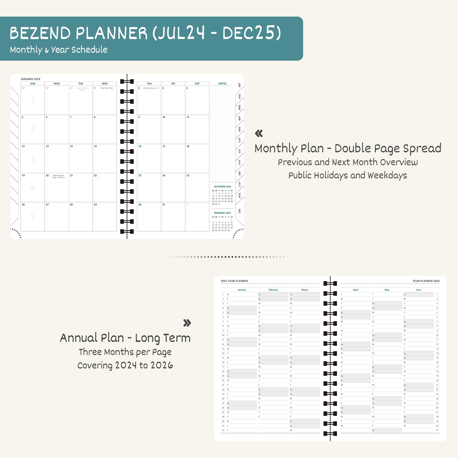 BEZEND 2025 Planner - 18 Month Academic Planner (July 2024-December 2025) with Daily, Weekly & Monthly Sections | 5.8