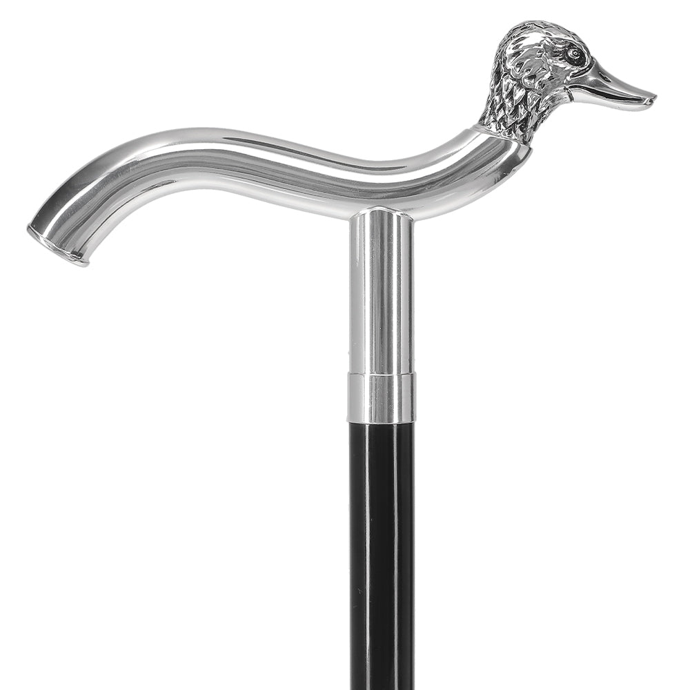 925 Sterling Silver Duck Head Fritz Handle Walking Cane with Black Beechwood Shaft - Scratch & Dent Discount - Perfect for Seniors, Hikers & Fashionable Mobility Support