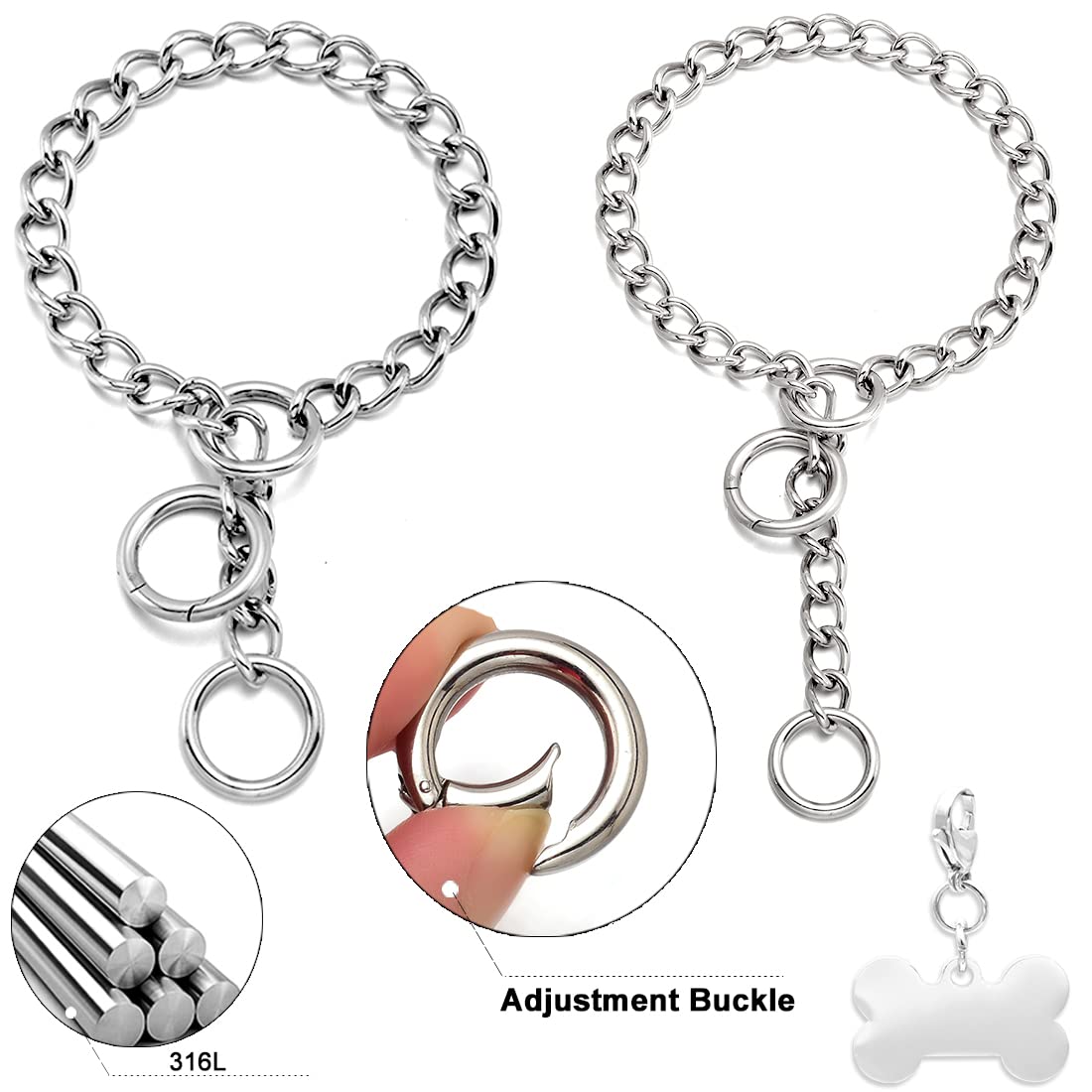 Heavy Duty Gold Dog Collar with Ring Clasp Hook - 15MM Cuban Link Chain, Adjustable Stainless Steel Metal Collar for Large Dogs (Silver, 20