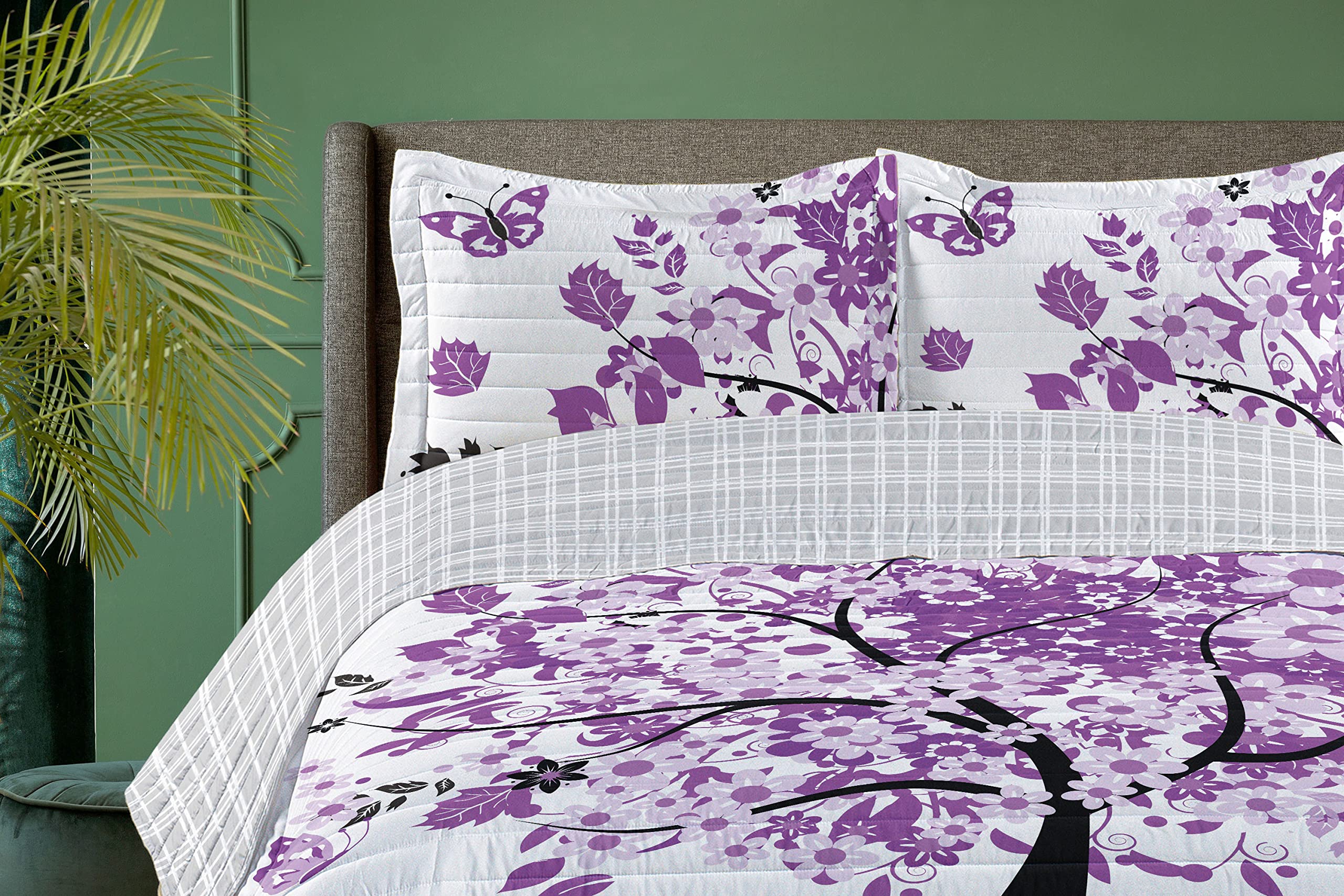 Ambesonne Reversible King Size Bedspread Set - Spring Tree of Life with Blooming Flowers & Butterflies Design, Microfiber Comforter & Pillow Shams in Lilac Purple | Perfect for Spring Bedroom Decor, Guest Room Makeover & Cozy Home Styling