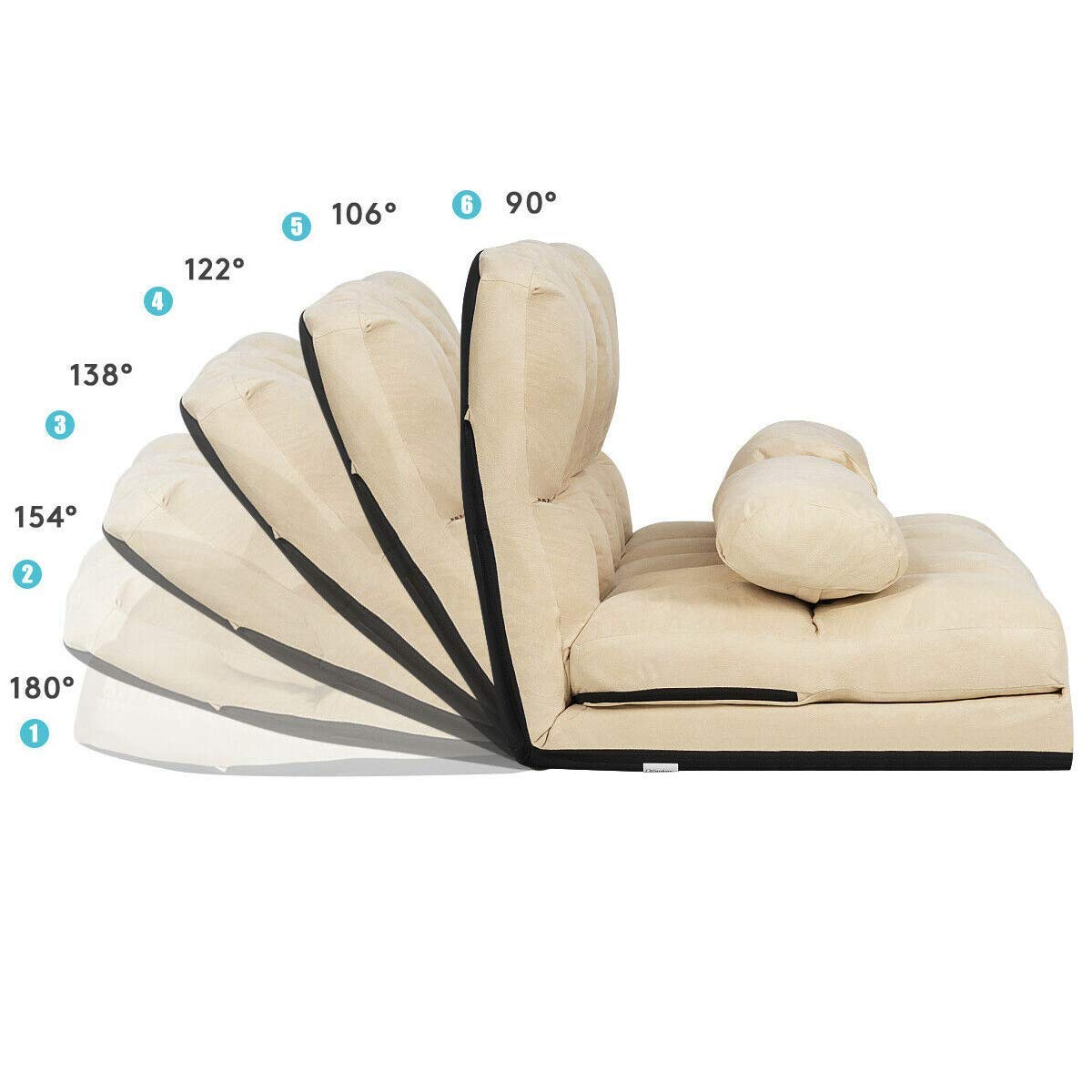 HPW Beige Foldable Floor Sofa Bed Lounge Couch Chaise Lounge with 2 Pillows - 6 Adjustable Backrest Positions for Sitting, Lying & Leaning - Sturdy Steel Pipe Frame - Perfect for Bedroom, Living Room, Gaming Room & Small Spaces - Great for Relaxing, Napping & Movie Nights