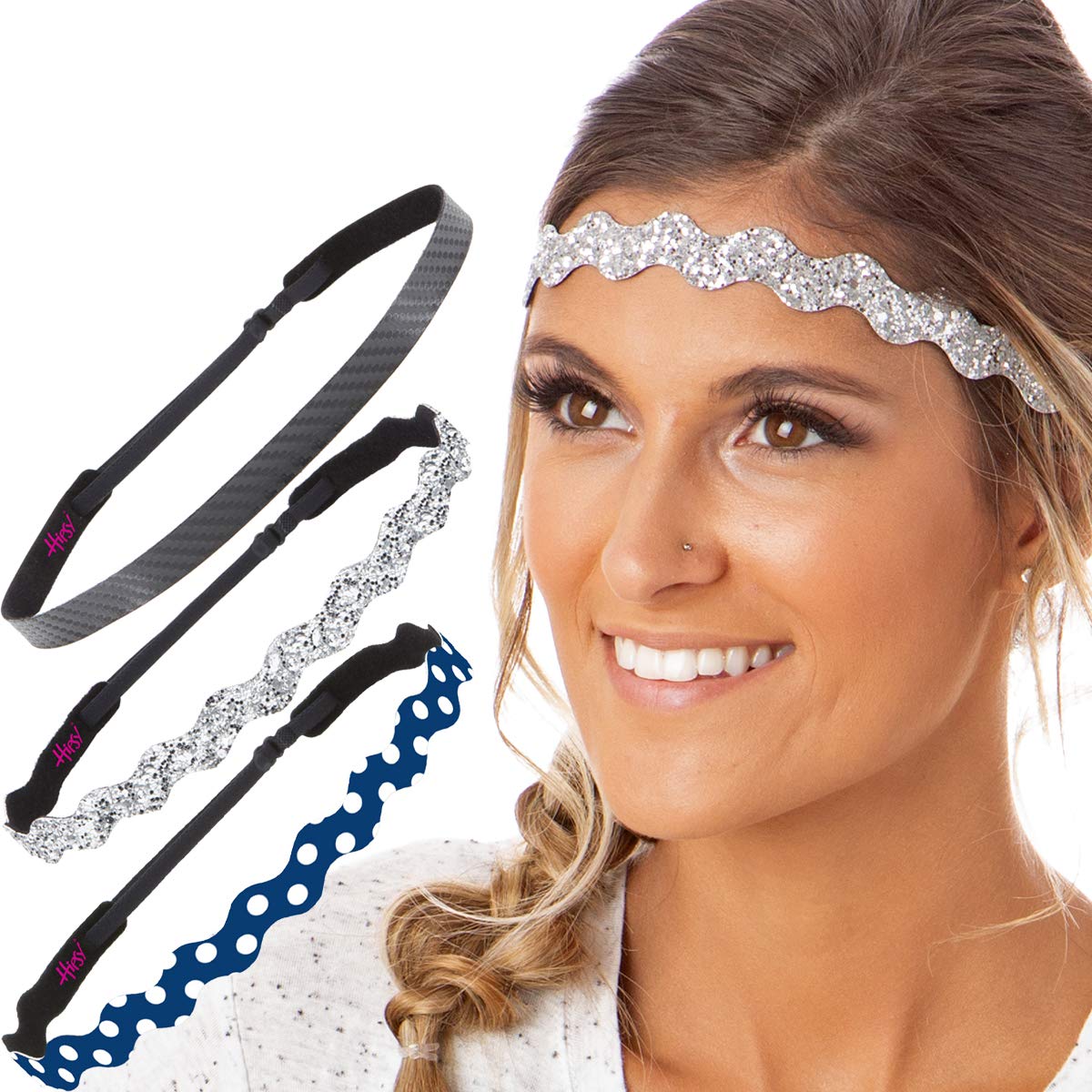 Hipsy Women's Adjustable Non-Slip Wave Polka Dot & Bling Glitter Headbands 3-Pack (Navy/Silver/Black) - Perfect for Workouts, Yoga, Sports and Fashion Accessories