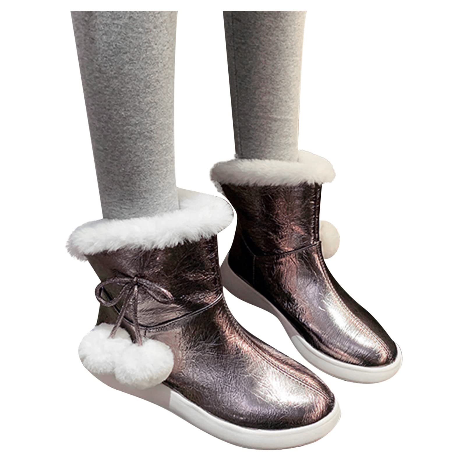 Women's Waterproof Insulated Snow Boots - Non-Slip Winter Boots with Fur Ball, Cute Casual Mid-Calf Platform Boots for Hiking & Outdoor Activities | Warm PU Slip-On Shoes for Snowy Days & Winter Fashion