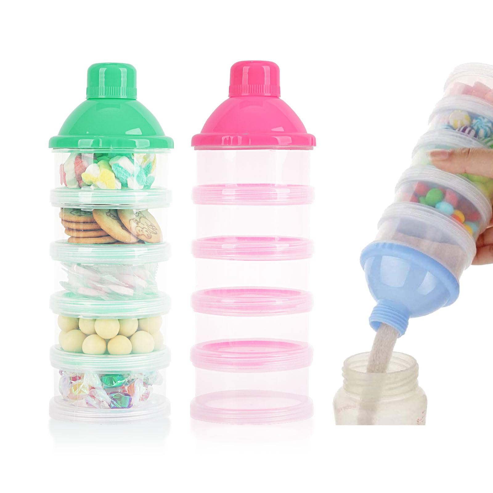 2-Pack 5-Layer Baby Formula Dispenser - Portable Powdered Milk Storage Container for Travel, On-the-Go Feeding (Pink & Green) | Ideal for Diaper Bags, Daycare, and Family Outings