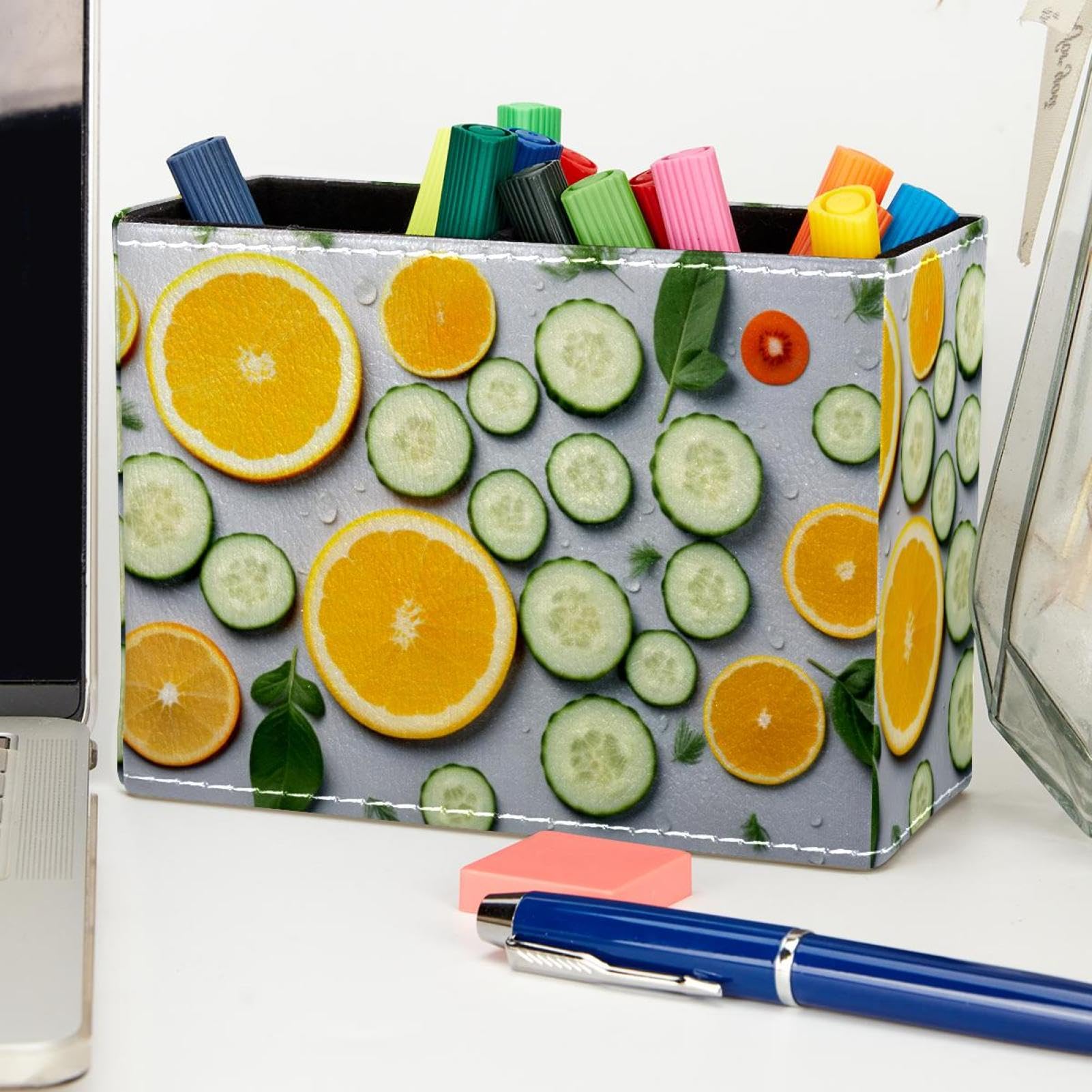 FVQL Orange & Cucumber Pencil Holder & Makeup Brush Organizer - Stylish Desk Accessory for Office, School, and Vanity Table Organization