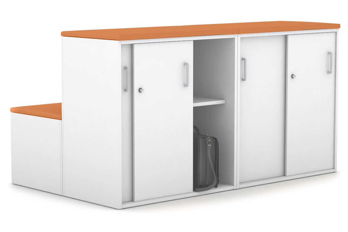 Professional Medical Sliding 4-Door Credenza with Seat Cushion - Uniform Storage Cabinet for Hospitals & Clinics [Silver Handle] - Perfect for Medical Offices, Exam Rooms & Healthcare Facilities