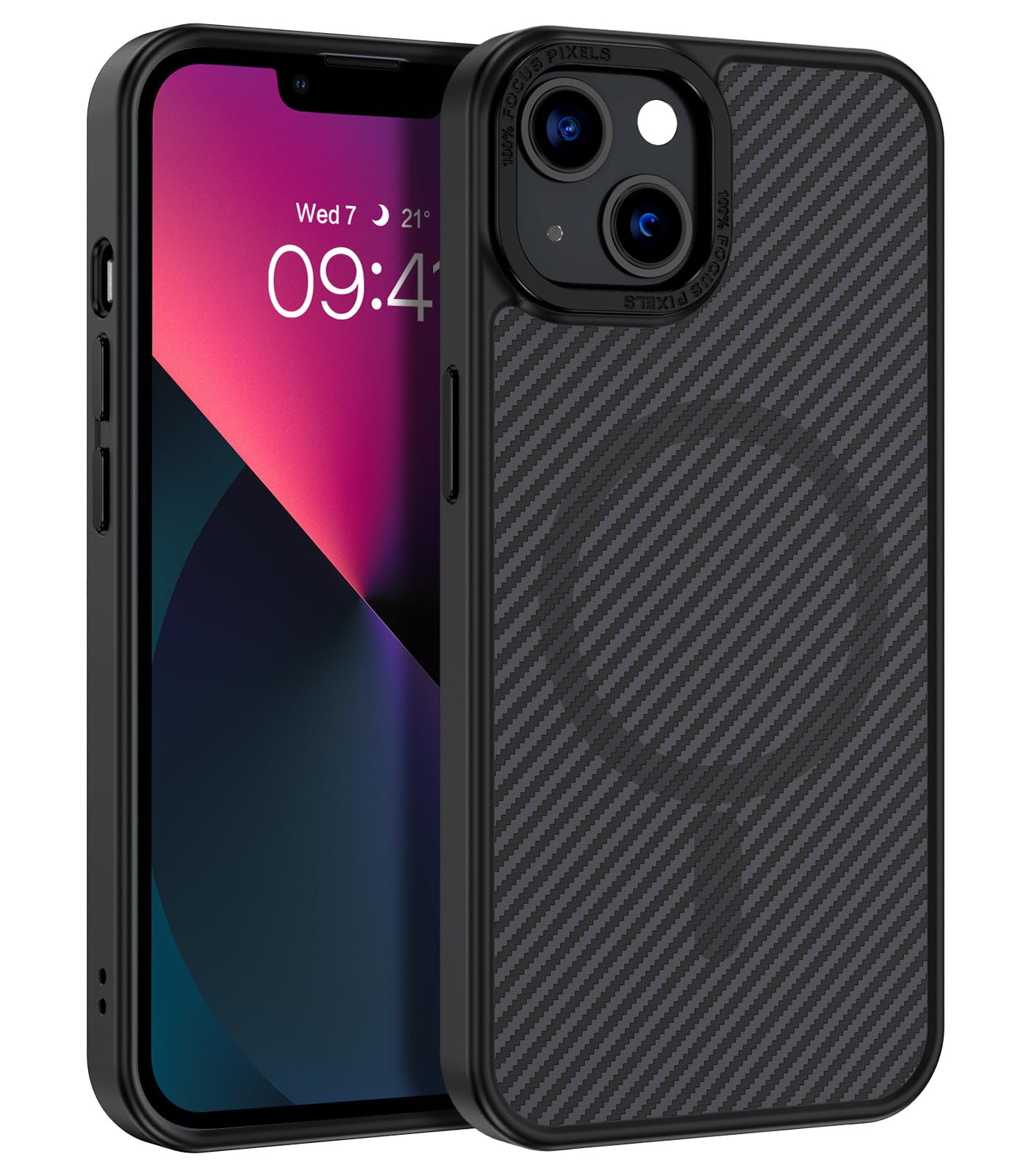 Magnetic iPhone 13/14 Case with Carbon Fiber - Slim Fit, Shockproof & MagSafe Compatible Protective Cover for Women & Men (6.1