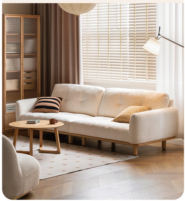Oak Solid Wood Lamb Fleece Sofa - White Cream Modern Style | Cozy Living Room Furniture for Home Decor