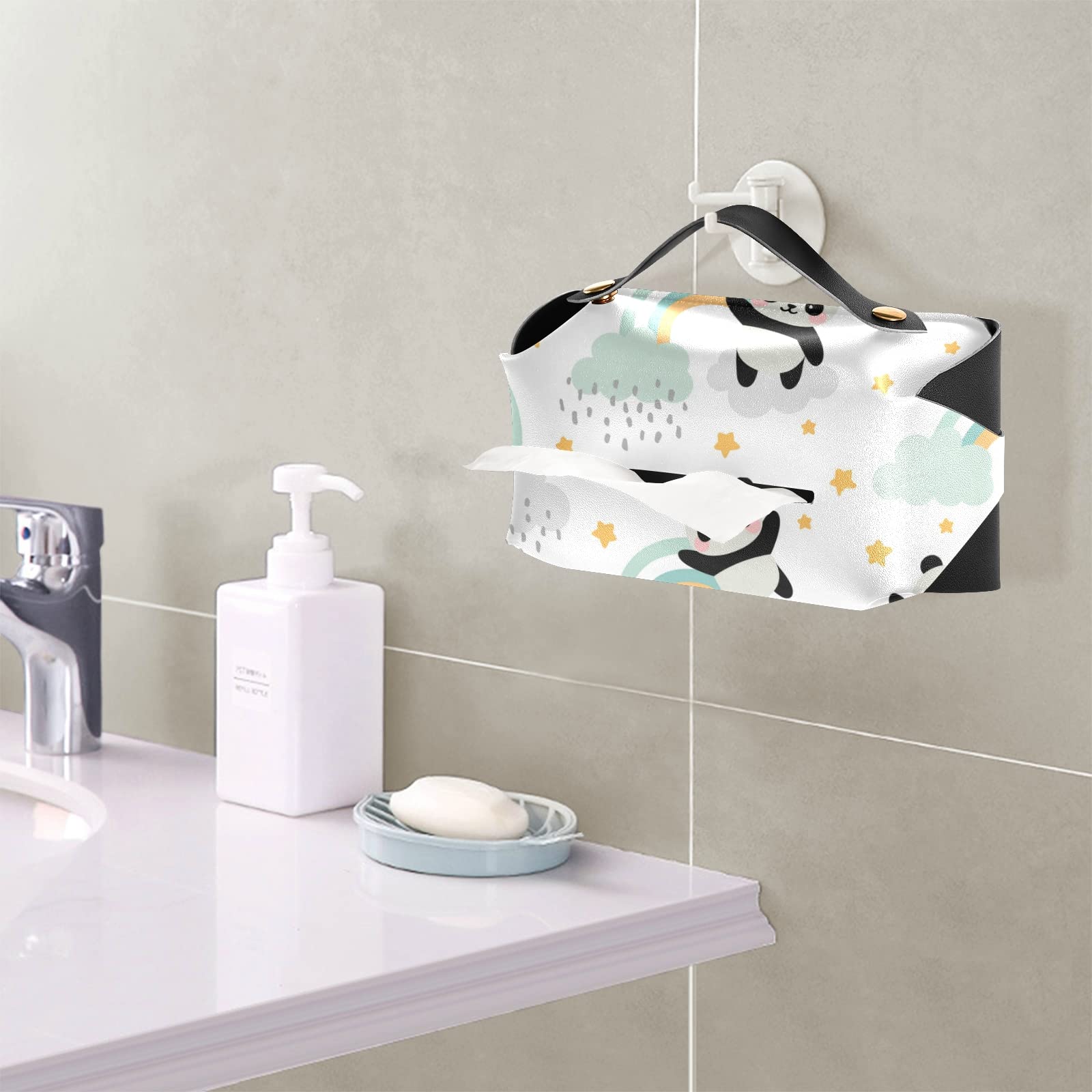 Seamless Panda Tissue Box Cover - Cute Flying Panda with Rainbow Clouds & Stars Design - Rectangle Leather Holder with Handle - Perfect for Bathroom, Home, Night Stand, Vanity, Office Desk & Car (9.4x5.1x3.6 inches) - Great for Home Decor & Gift Giving