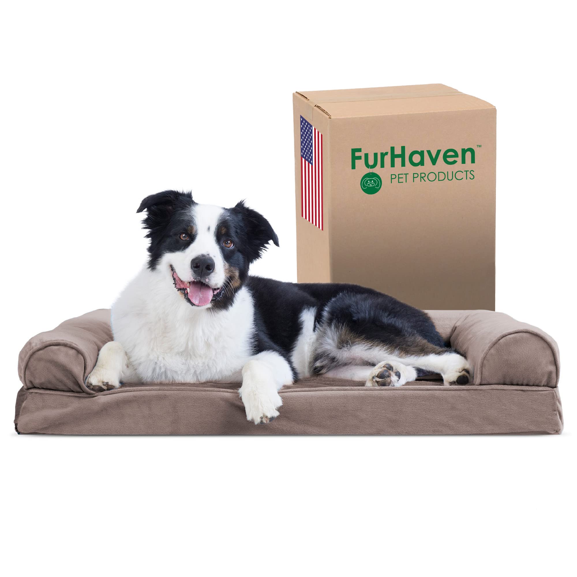 Furhaven Cooling Gel Dog Bed for Large & Medium Dogs - Removable Bolster & Washable Cover - Supports Up to 55 lbs - Faux Fur & Velvet Sofa Style - Driftwood Brown - Perfect for Hot Weather & Indoor Lounging