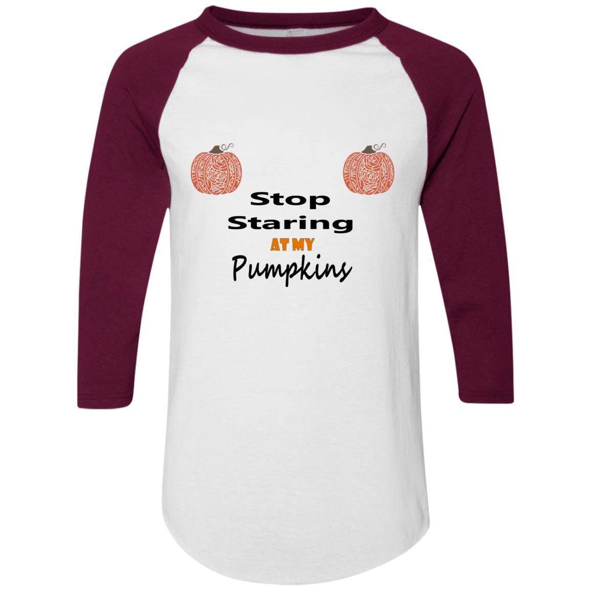 WineyBitches.Co Stop Staring At My Pumpkins Colorblock Raglan Jersey - Trendy Women's Fall Sweatshirt for Halloween, Thanksgiving & Cozy Seasonal Outfits
