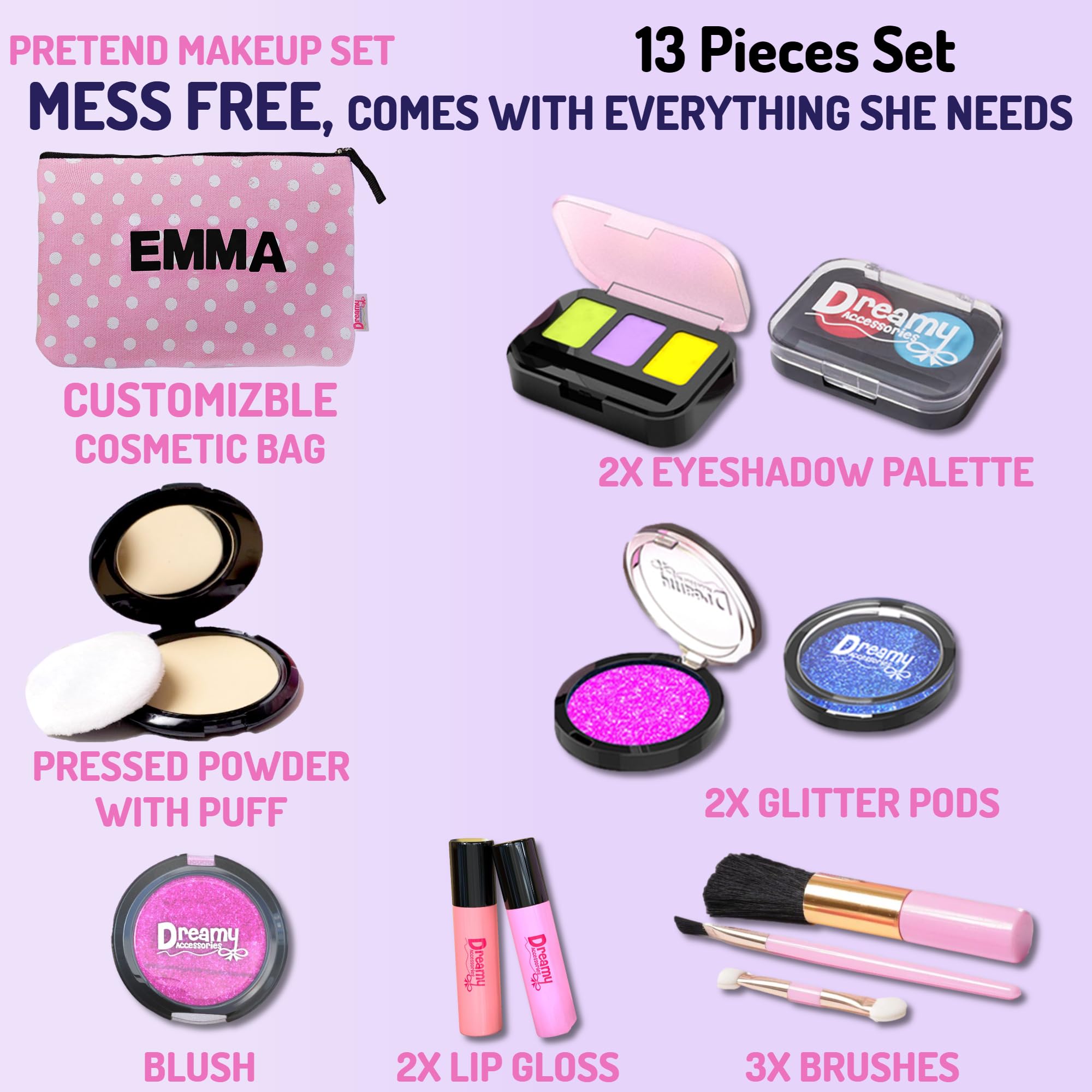 Pretend Makeup Kit for Girls - Customizable Cosmetic Bag Play Set, Fake Kids Makeup Toy for Toddlers Age 3-6 - Perfect for Role Play, Birthday Gifts & Pretend Beauty Salon Games