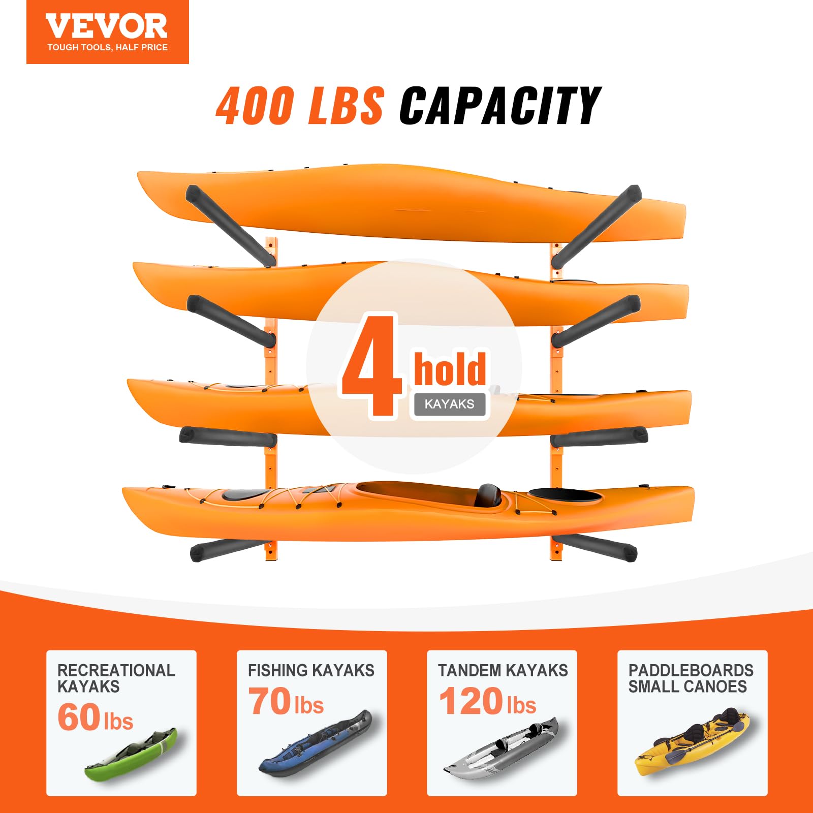 VEVOR 4-Capacity Wall Mounted Kayak Storage Rack - Heavy Duty 400 LB Capacity Adjustable Padded Kayak Canoe Paddle Board Holder for Indoor Outdoor Garage, Backyard, or Boat House - Perfect for Space Saving Kayak Organization and Secure Storage