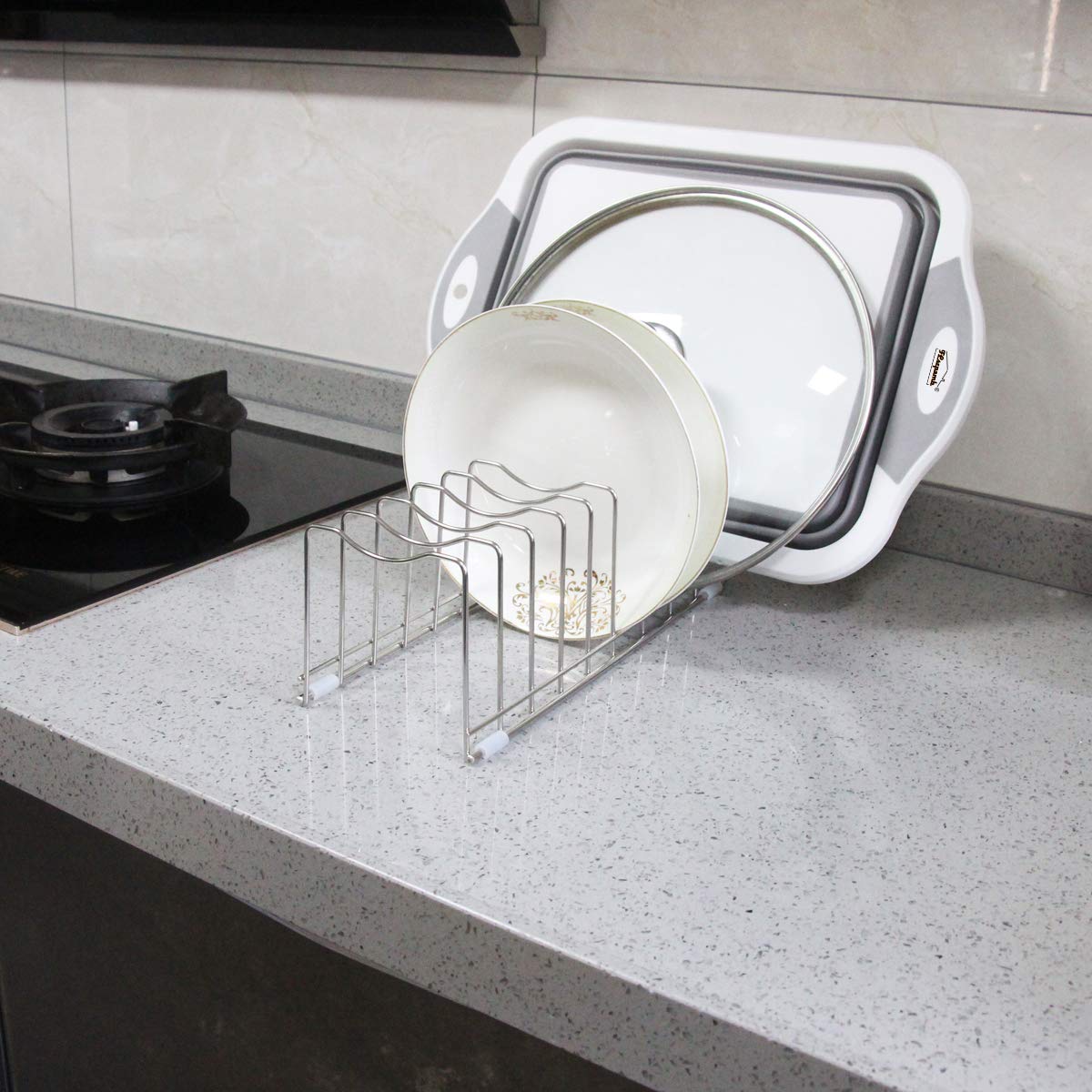 10-Tier Pot Lid Organizer Rack - Space Saving Cabinet Storage for Bakeware, Cutting Boards, Pots & Pans, Serving Trays - Perfect for Kitchen, Pantry & Cabinet Organization (1 Pack)
