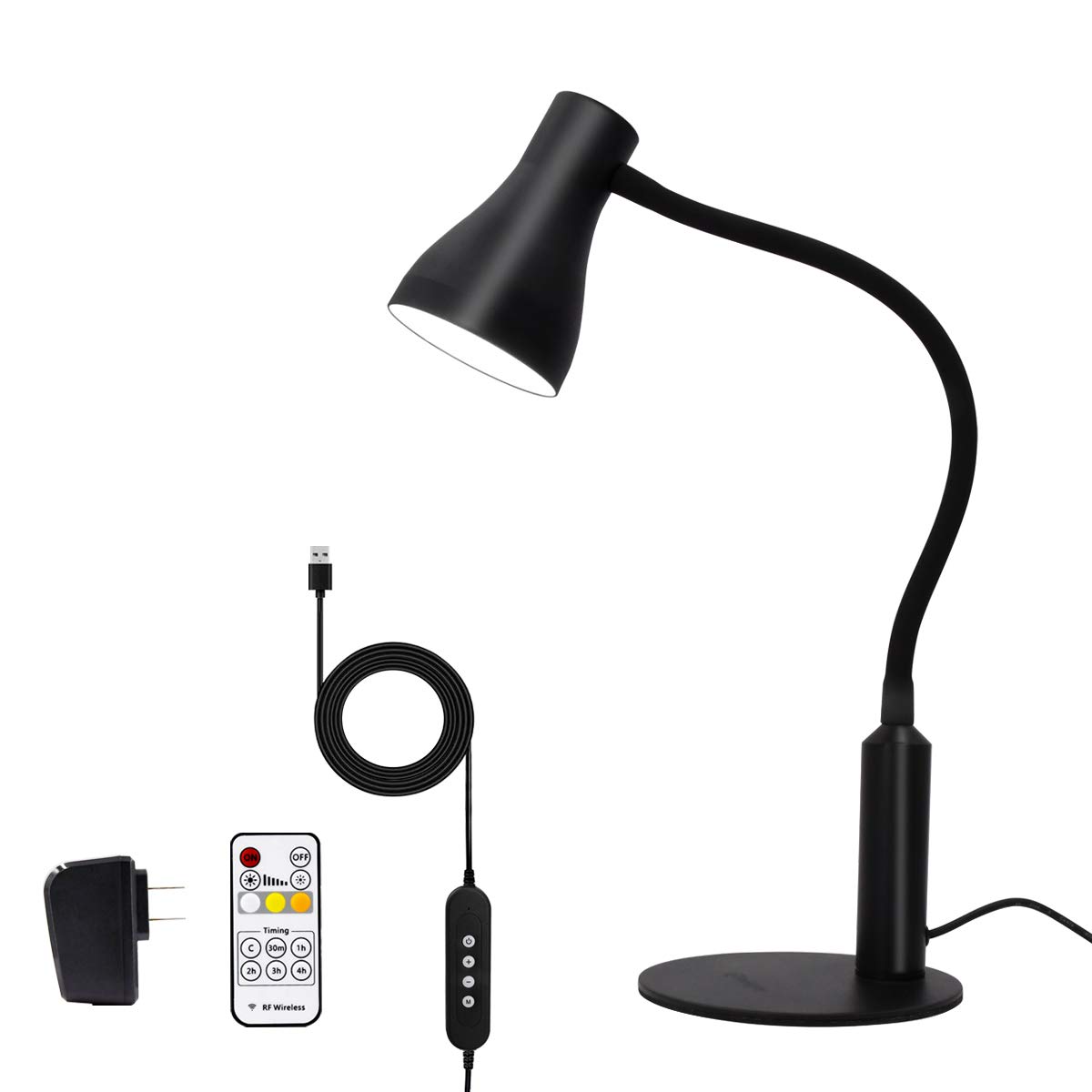 CeSunlight LED Desk Lamp with Remote Control - 3 Lighting Modes & 6 Brightness Levels, 10W Adjustable Gooseneck Study Lamp for Home Office, Reading, and Working - Timer Function & AC Adapter Included (Black) - Perfect for Night Studying, Crafting, and Bedside Use