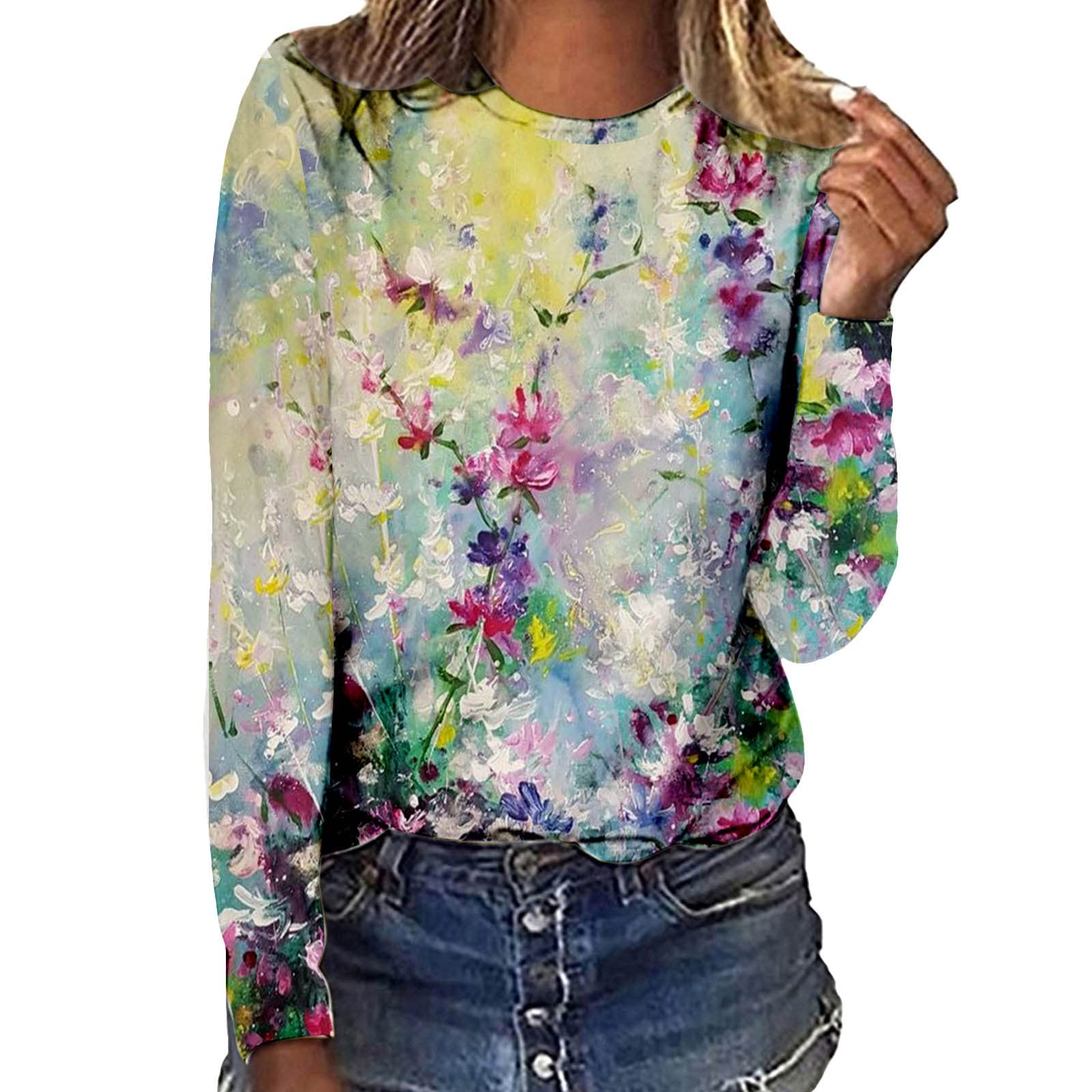 DGTVVR Women's Loose Fit Summer Casual T-Shirt - Floral Print Long Sleeve Round Neck Tunic Top for Everyday Wear & Outdoor Activities