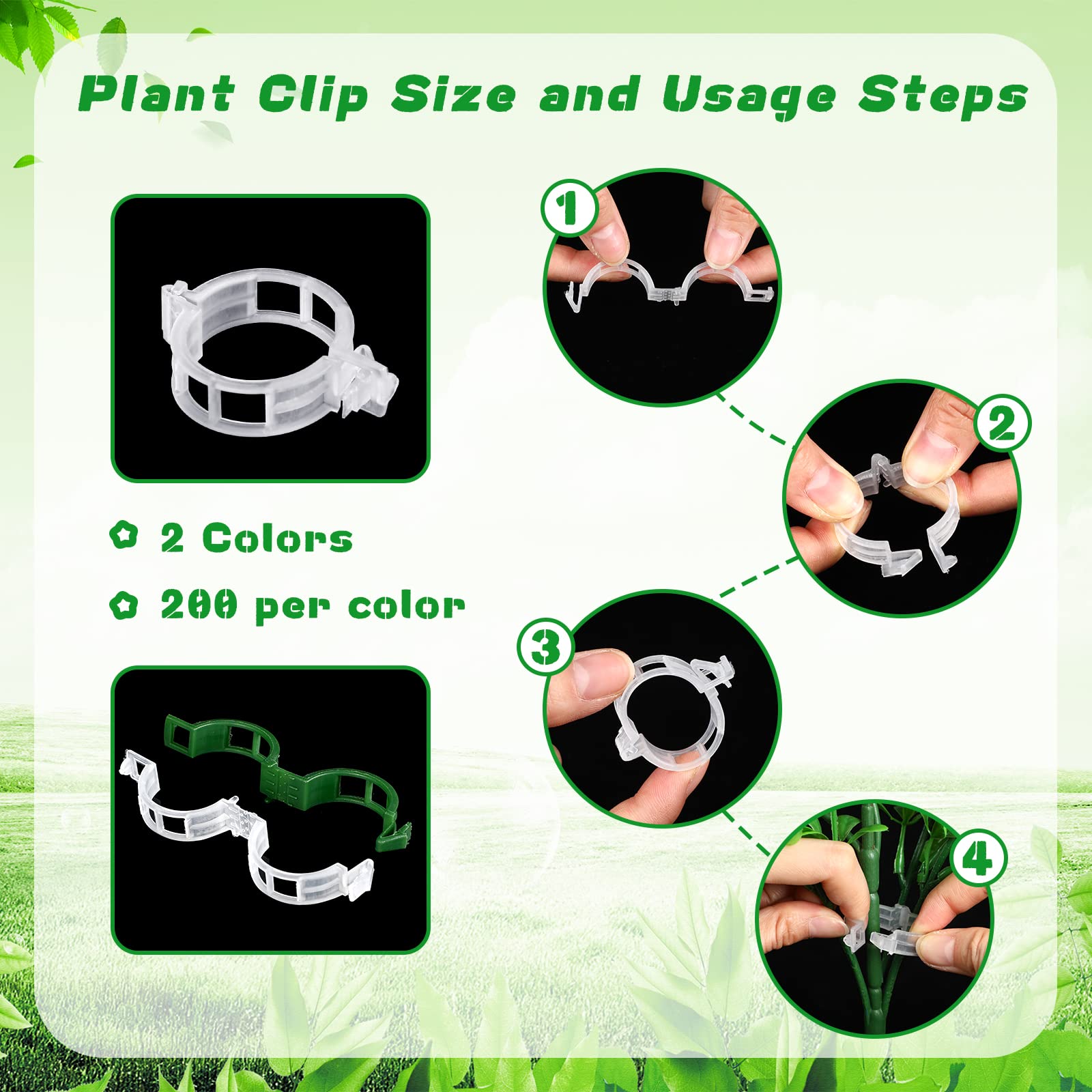 400-Piece Plastic Garden Plant Support Clips - Tomato, Grape Vine & Cucumber Clips - Vegetable Trellis Clips for Upright Growth (White & Green) - Perfect for Home Gardens, Greenhouses & Vertical Farming