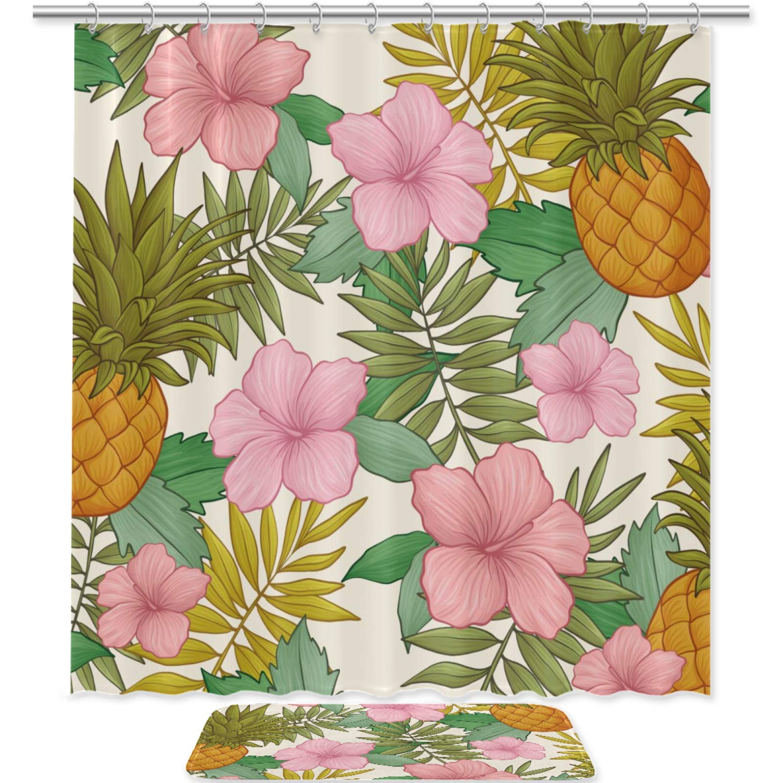 imobaby Pink Tropical Flowers Pineapple Bathroom Set - Waterproof Polyester Shower Curtain 70.8x70.8 Inches with Matching Rugs & 12 Hooks - Complete Bath Accessories for Beach Theme, Kids Room or Tropical Decor