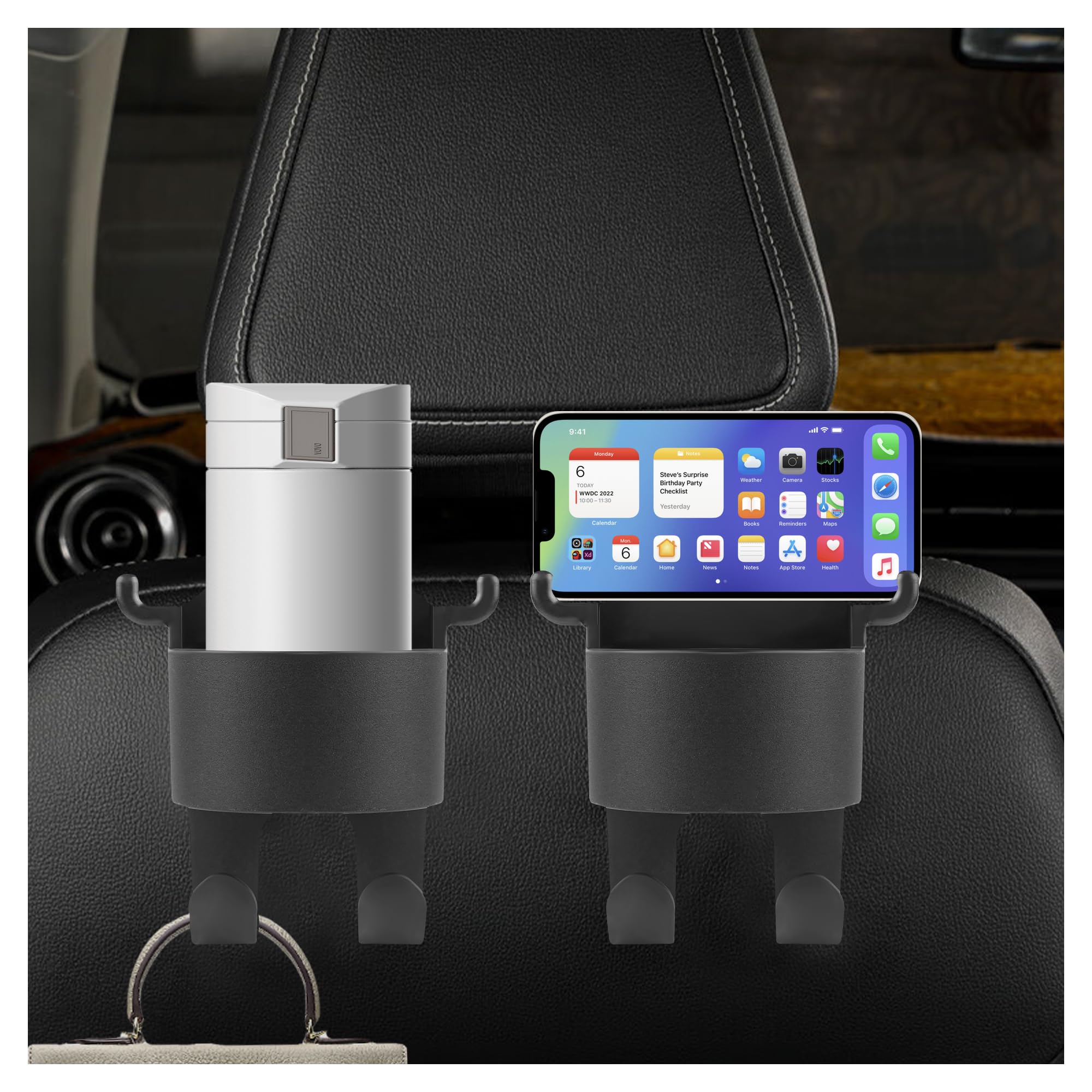 2PCS Universal Car Back Seat Cup Holder with Hooks - Multifunctional Organizer for Phone, Keys, Wallet & Umbrella - Durable Car Accessories for Men & Women - Perfect for Road Trips, Commuting & Family Travel