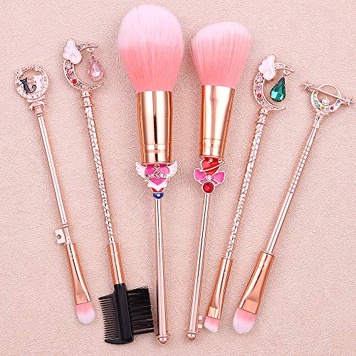 Sailor Moon Makeup Brush Set - 6 Piece Professional Cosmetic Brush Kit with Metal Handles & Pink Drawstring Bag | Rose Gold Makeup Tools for Eyeshadow, Foundation, Blending | Perfect Gift for Anime Fans & Beauty Lovers