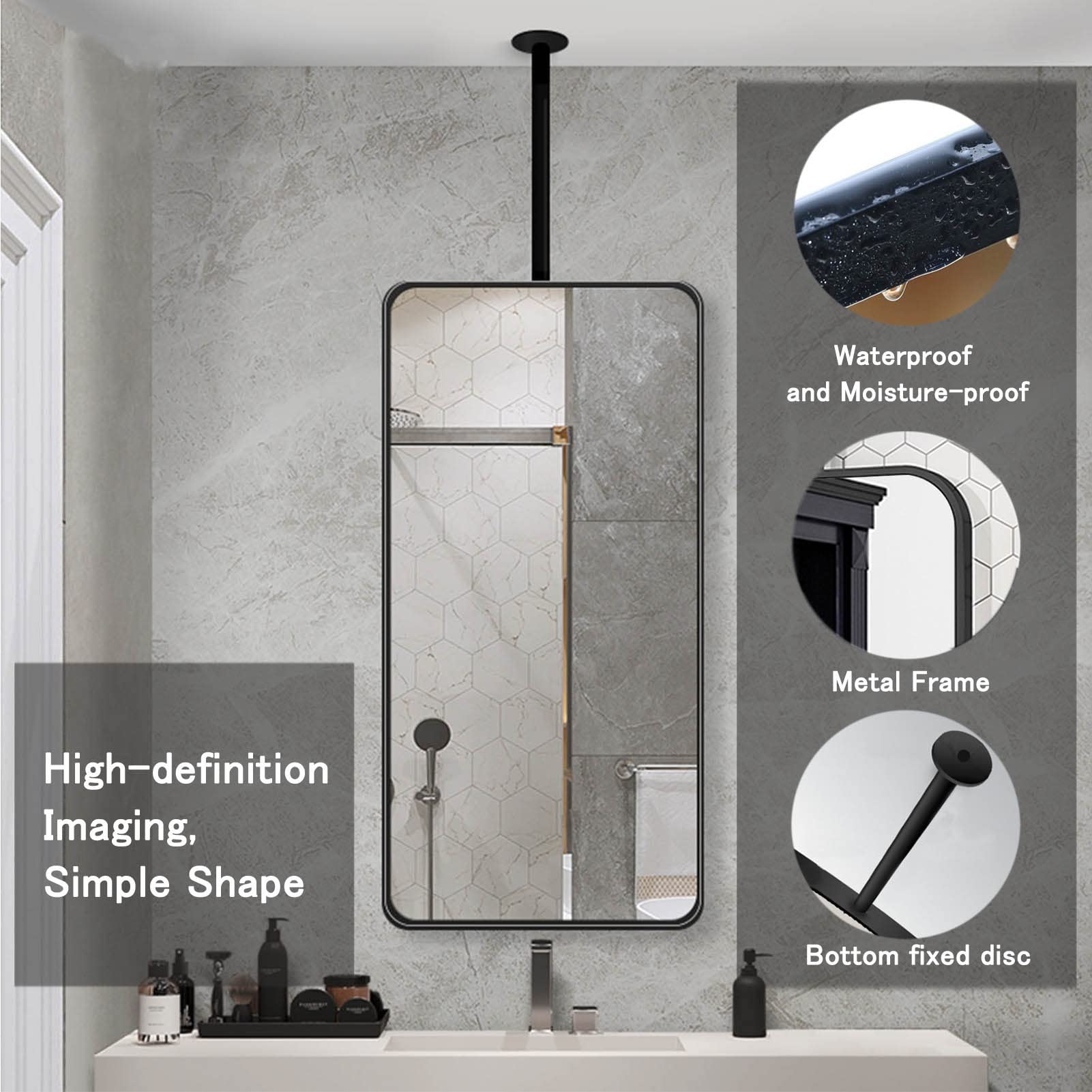 Black Metal Frame Rectangular Hanging Mirror - 40cmx60cm HD Bathroom Vanity Mirror, Ceiling Mounted Wall Mirror for Home Decor & Hotel - Perfect for Makeup, Dressing Room & Bathroom Vanity Areas