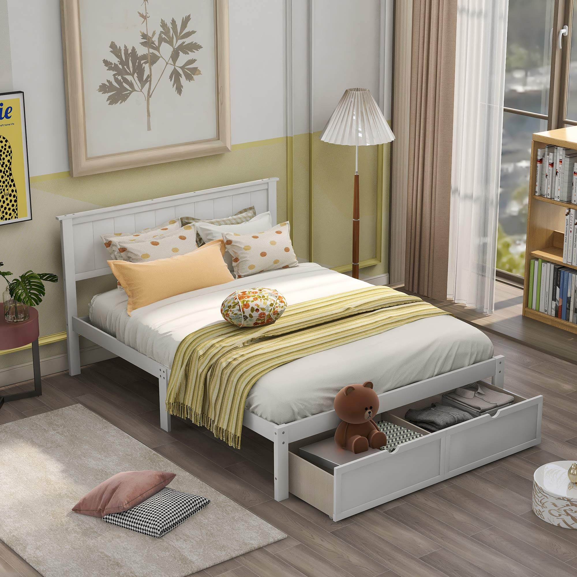 Rhomtree Wood Bed Frame with Storage Drawers - Platform Bed for Small Spaces, Easy Assembly (White, Full) - Perfect for Apartments & Guest Rooms