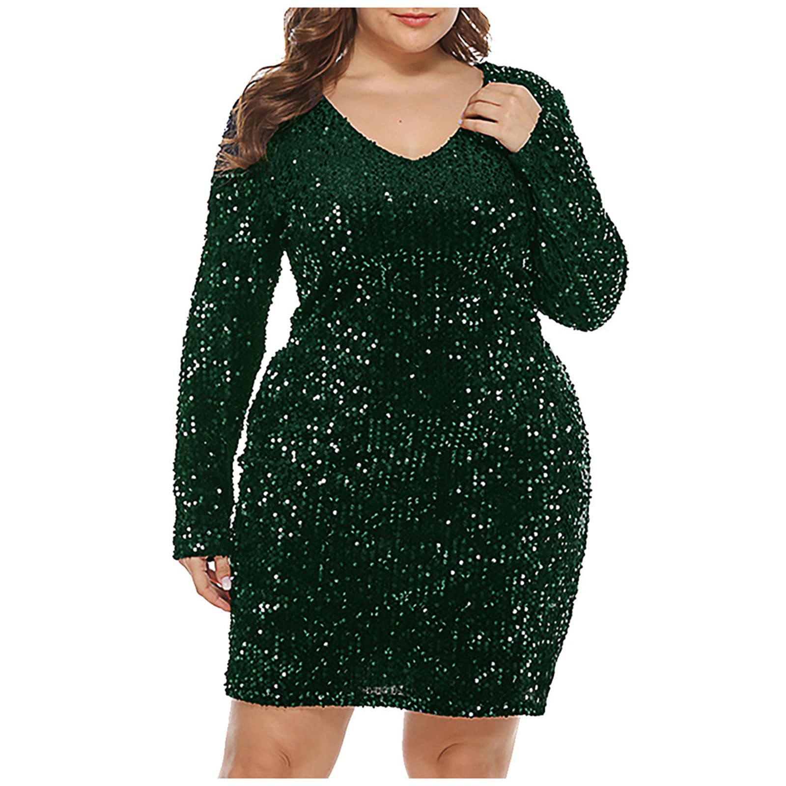 Jsarle Plus Size Wedding Guest Dresses for Women - Sexy V-Neck Long Sleeve Sequin Bodycon Dress for Nightclub, Party & Special Occasions | Formal Evening Gown for Curvy Women