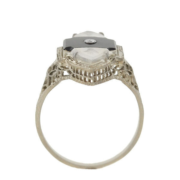 Art Deco 14K Gold Rock Quartz, Onyx & Diamond Filigree Navette Ring - Vintage Jewelry for Weddings, Parties & Special Occasions