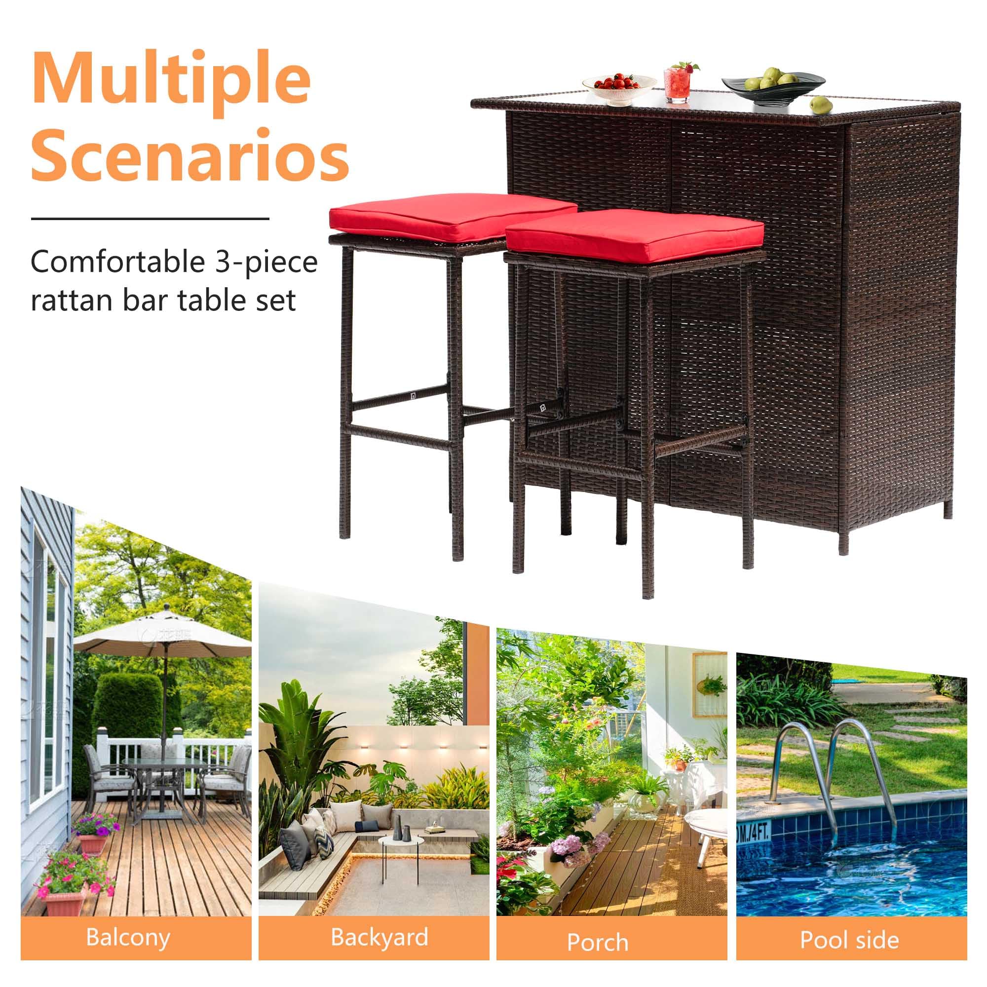 Premium 3-Piece Rattan Bar Set - Patio Wicker Bistro Table with Glass Top & 2 Bar Stools - Sturdy Frame with Storage Shelves - Outdoor/Indoor Use for Poolside, Porch, Garden & Backyard - Khaki (Red)