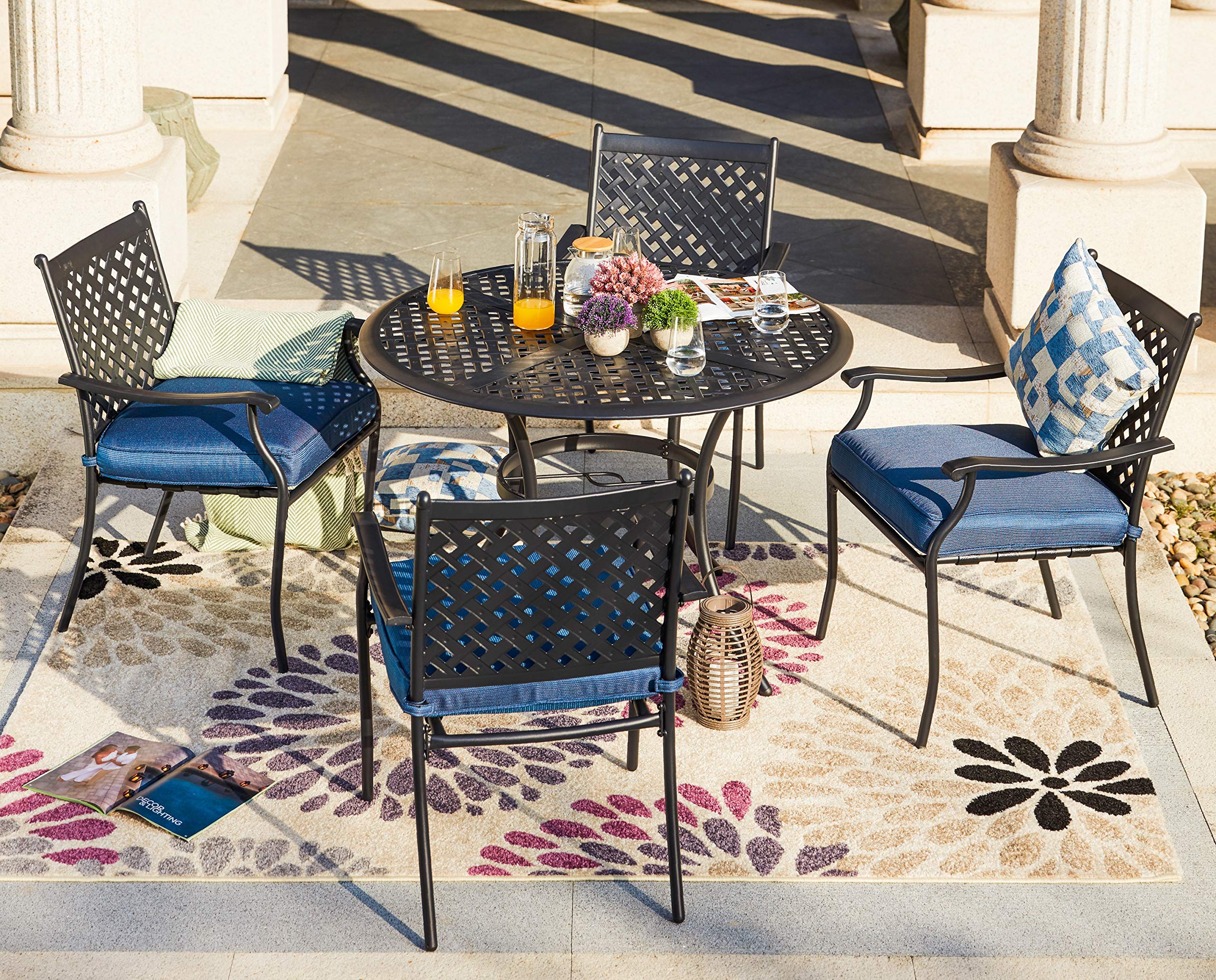 4-Piece Metal Outdoor Wrought Iron Patio Dining Chairs Set with Arms & Cushions (Blue) - Durable Garden, Poolside & Backyard Seating Furniture for Relaxing & Entertaining