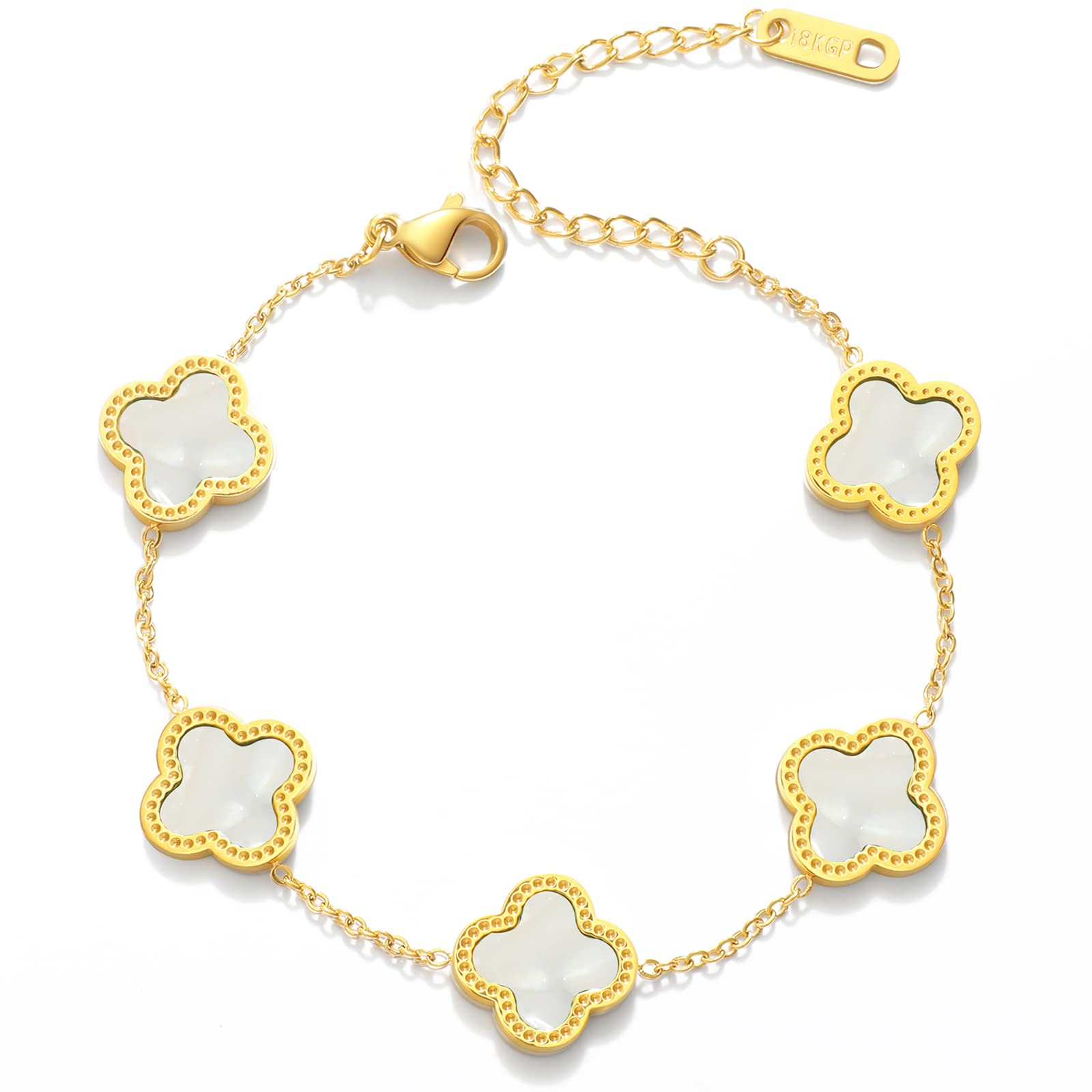 Trendy 18K Gold Plated Four Leaf Clover Adjustable Link Bracelet for Women - Lucky Charm Jewelry Gift for Mom, Birthday, Anniversary & Everyday Wear