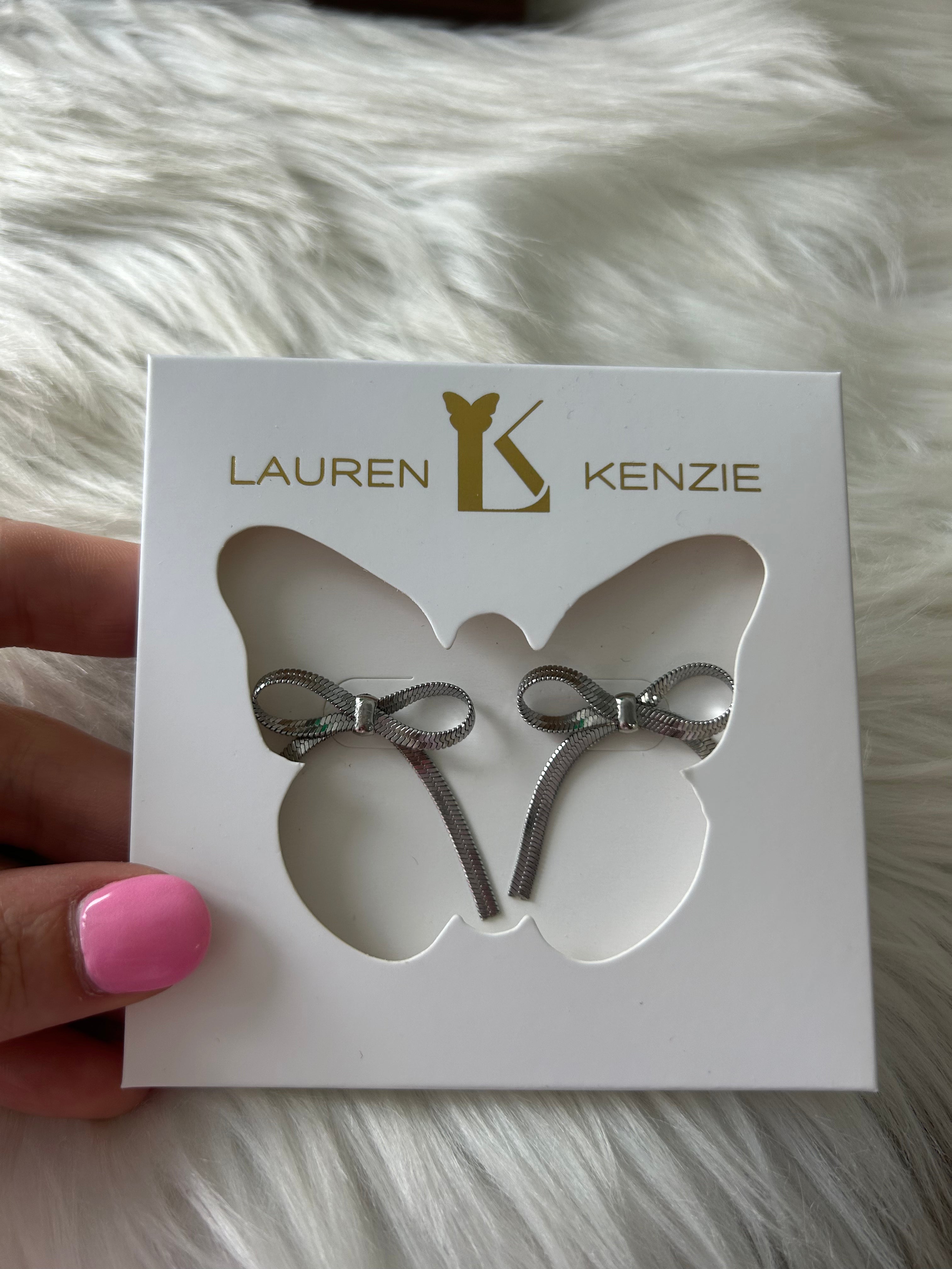 Lauren Kenzie Herringbone Bow Earrings for Women - Elegant Sterling Silver Dangle Earrings - Perfect for Parties, Weddings & Everyday Wear