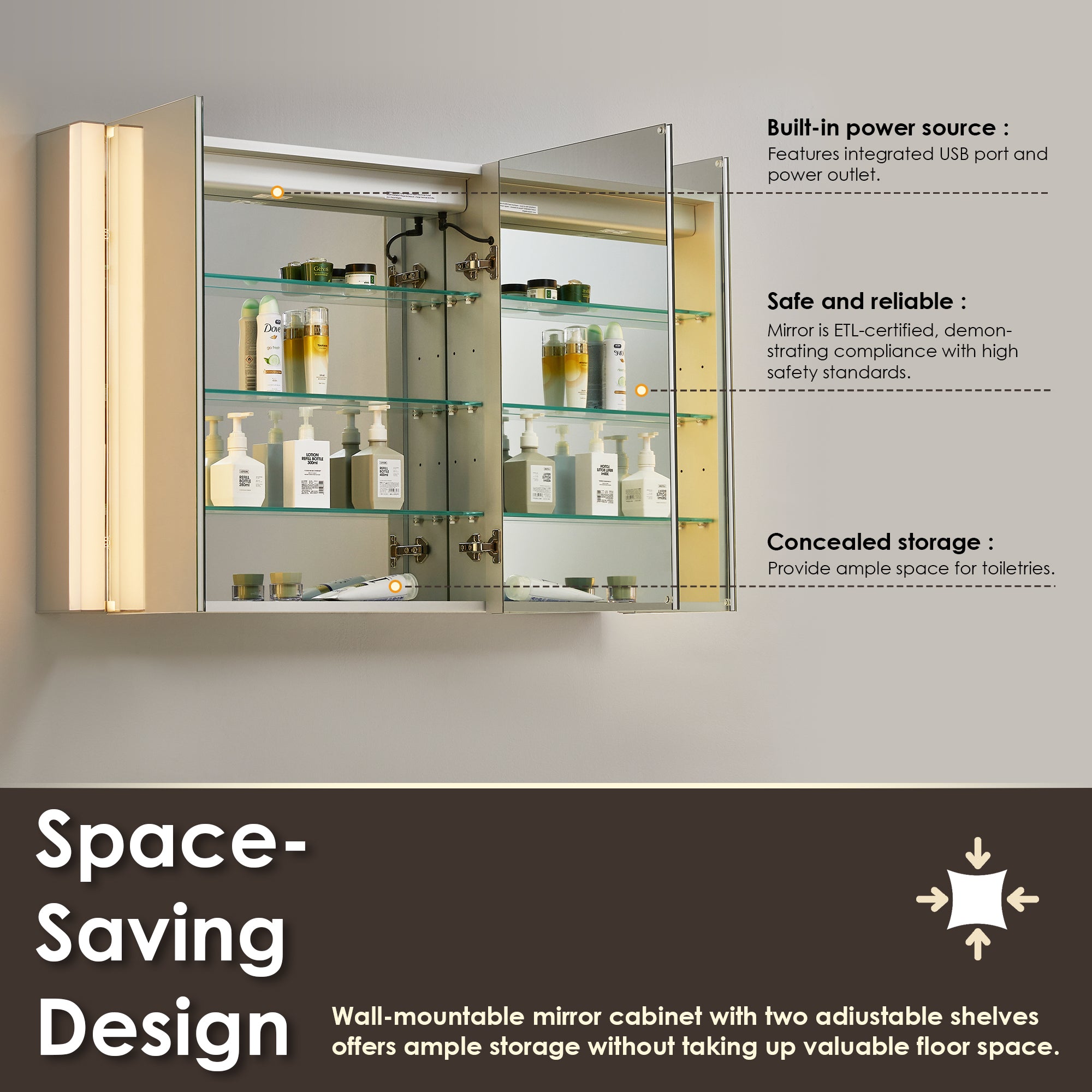 Frameless LED Bathroom Mirror - Surface Mount Aluminum Medicine Cabinet with Rectangular Design for Modern Vanity & Makeup Area