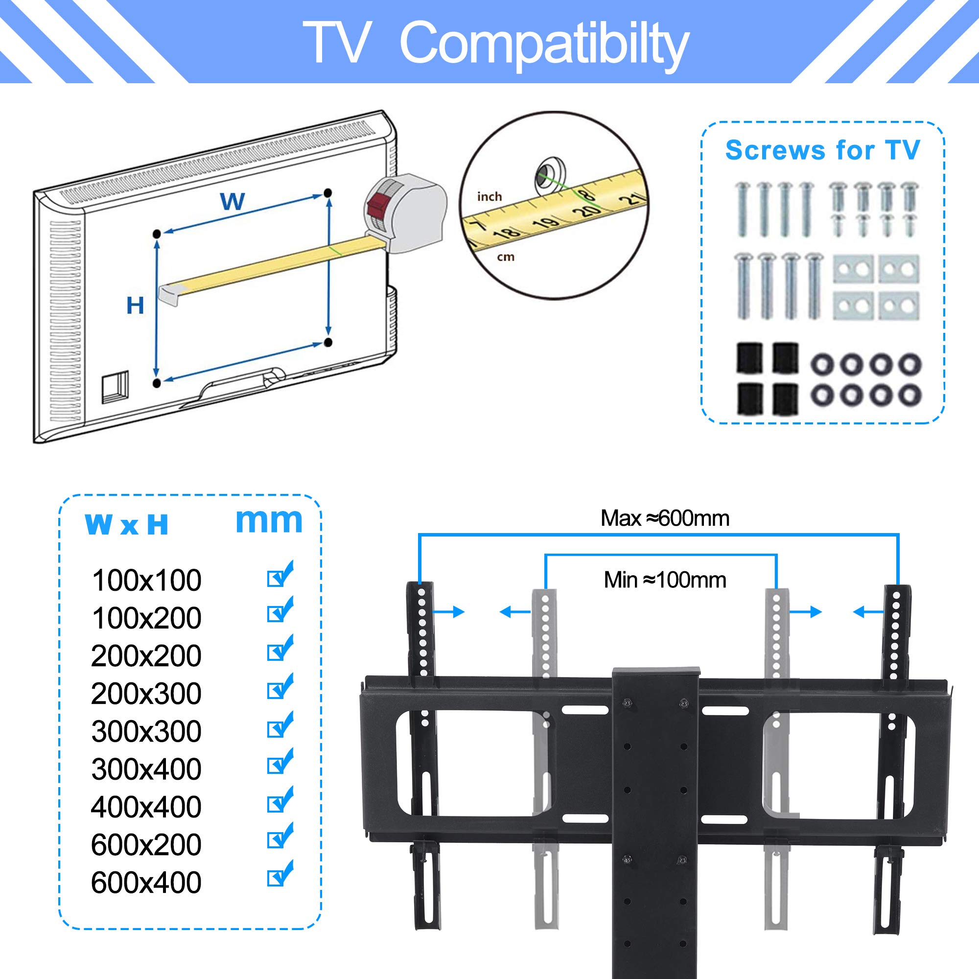 Adjustable Height TV Stand with Mount for 32-65 Inch TVs - Universal Floor Media Stand with 3-Tier Tempered Glass Shelves for Plasma, LCD, LED & Curved Screens by IANIYA - Perfect for Living Room, Bedroom or Home Theater Setup